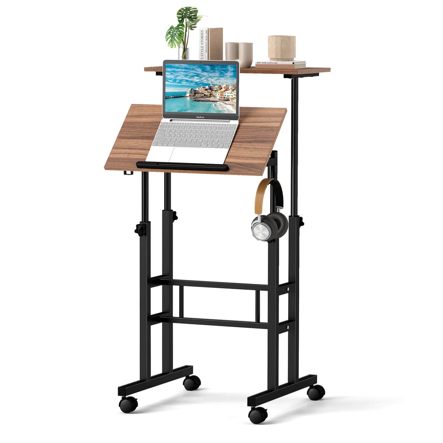 Costway  Height Adjustable Mobile Standing Desk with Tiltable Desktop and 2 Hanging Hooks