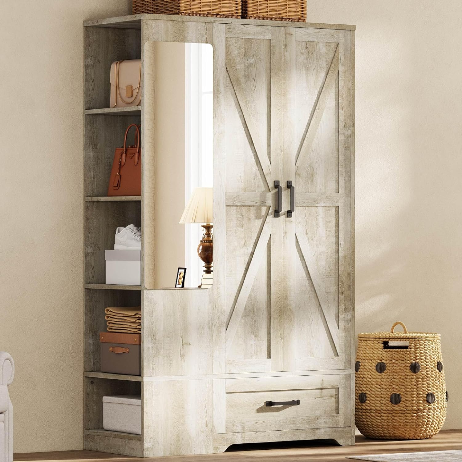 Likimio GQJ6YJUITMANW7ZL 37.5-in W Rustic Maple 2 Doors Wooden Wardrobe with Mirror and Drawer and Shelves