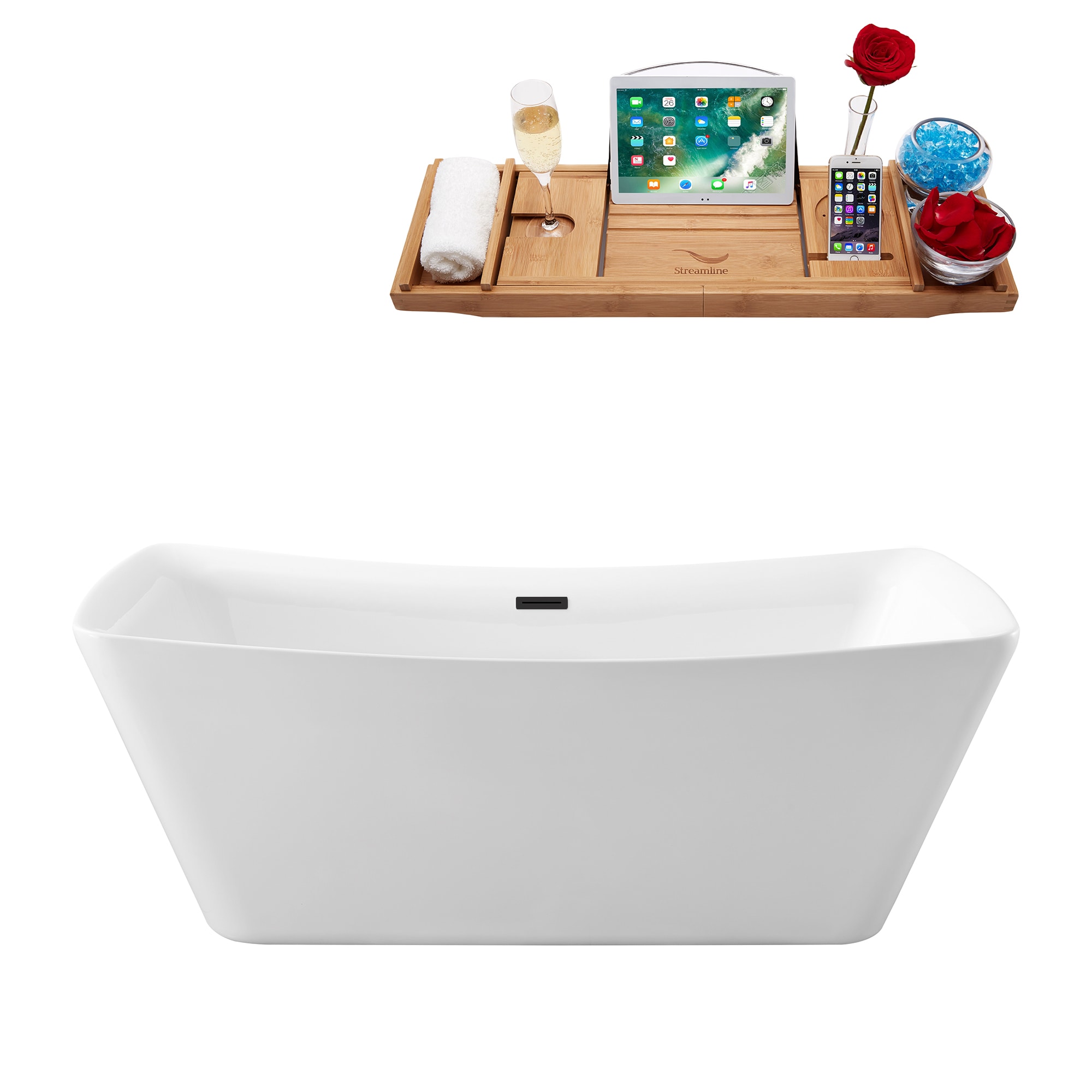 Streamline N541BL 30.7-in x 66.9-in Glossy White Acrylic Rectangular Freestanding Soaking bathtub with Drain ( Center Drain )