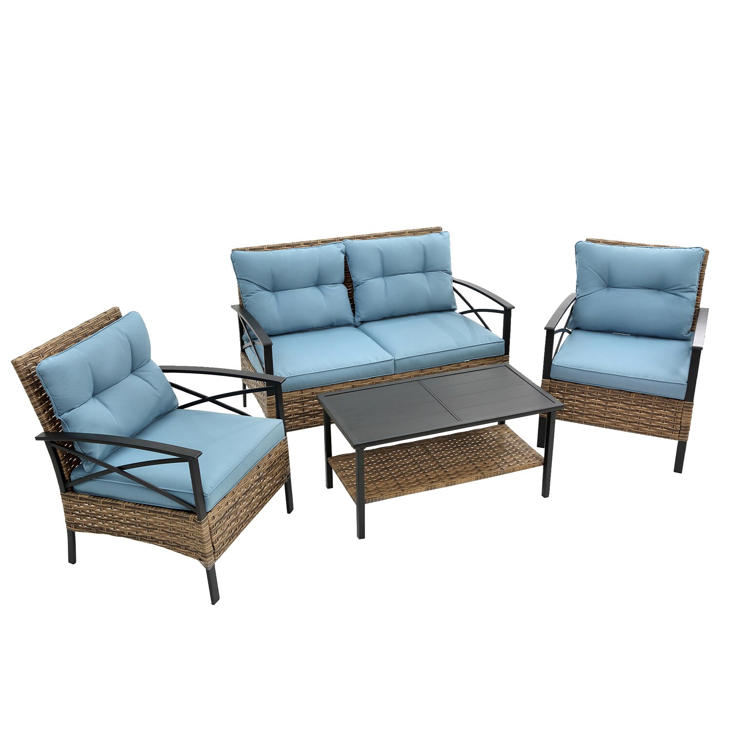 SINOFURN SYB670010DG 4 -Piece Rattan Patio Conversation Set with Blue Cushions