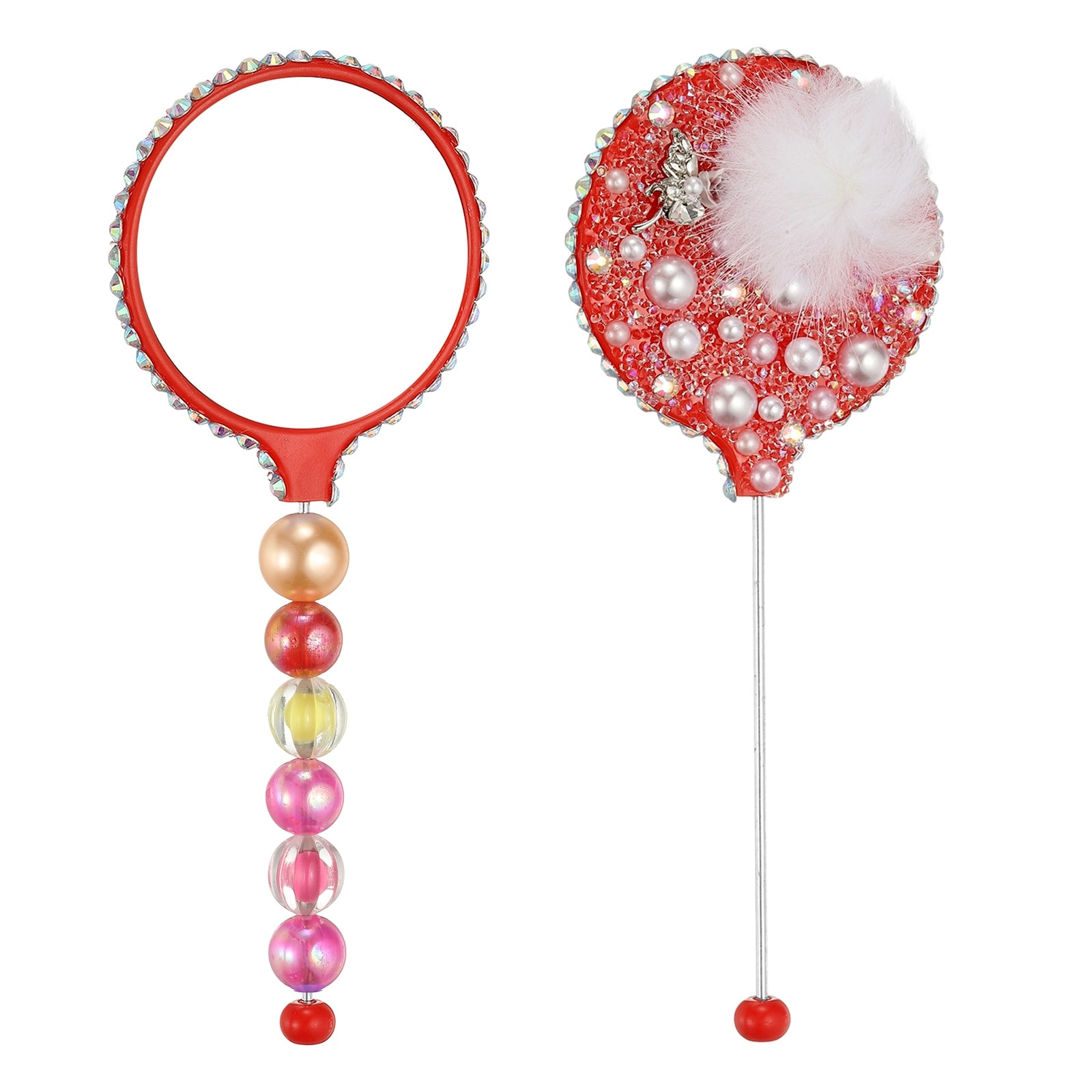 Unique Bargains 2 Packs Beadable Mirrors with Metal 5.5-Inch Long Bead Mirror Bars Removable Portable Round Hand Mirrors for DIY Jewelry Making and Beaded Crafts (Red) #S26041600UX5554