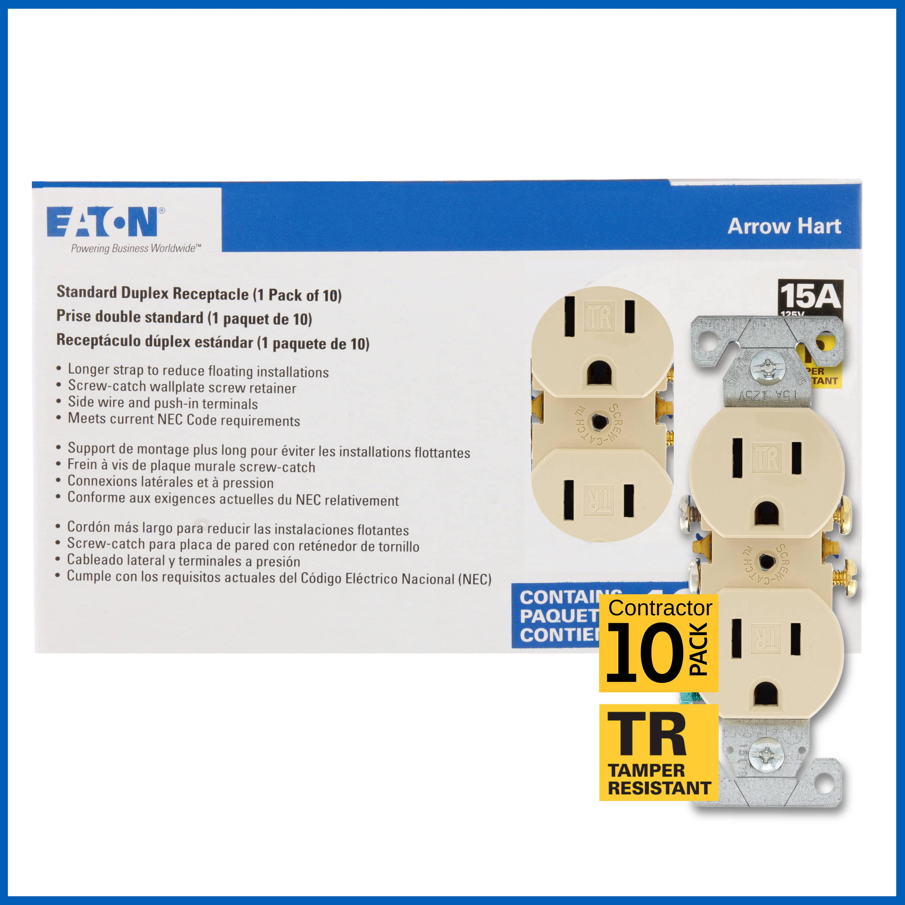 Eaton 15 -Amp 125-volt Tamper Resistant Residential Duplex Outlet , Ivory 10 -Pack #TR270V-10-LW