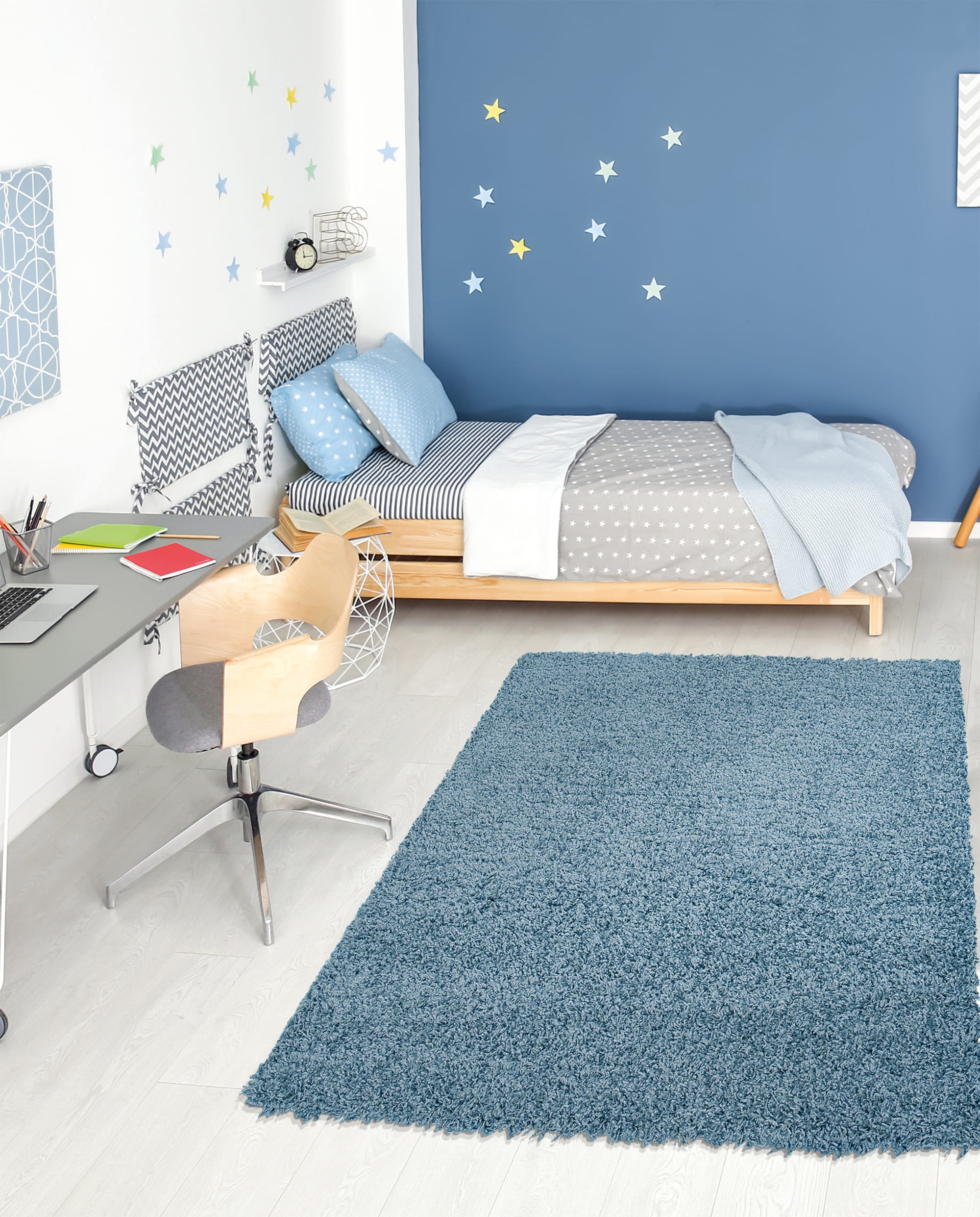 Ottomanson FFY3766-3X5 Fluffy 3 x 5 (ft) Flatweave Polypropylene Turquoise Rectangular Indoor Solid Mid-Century Modern Area rug