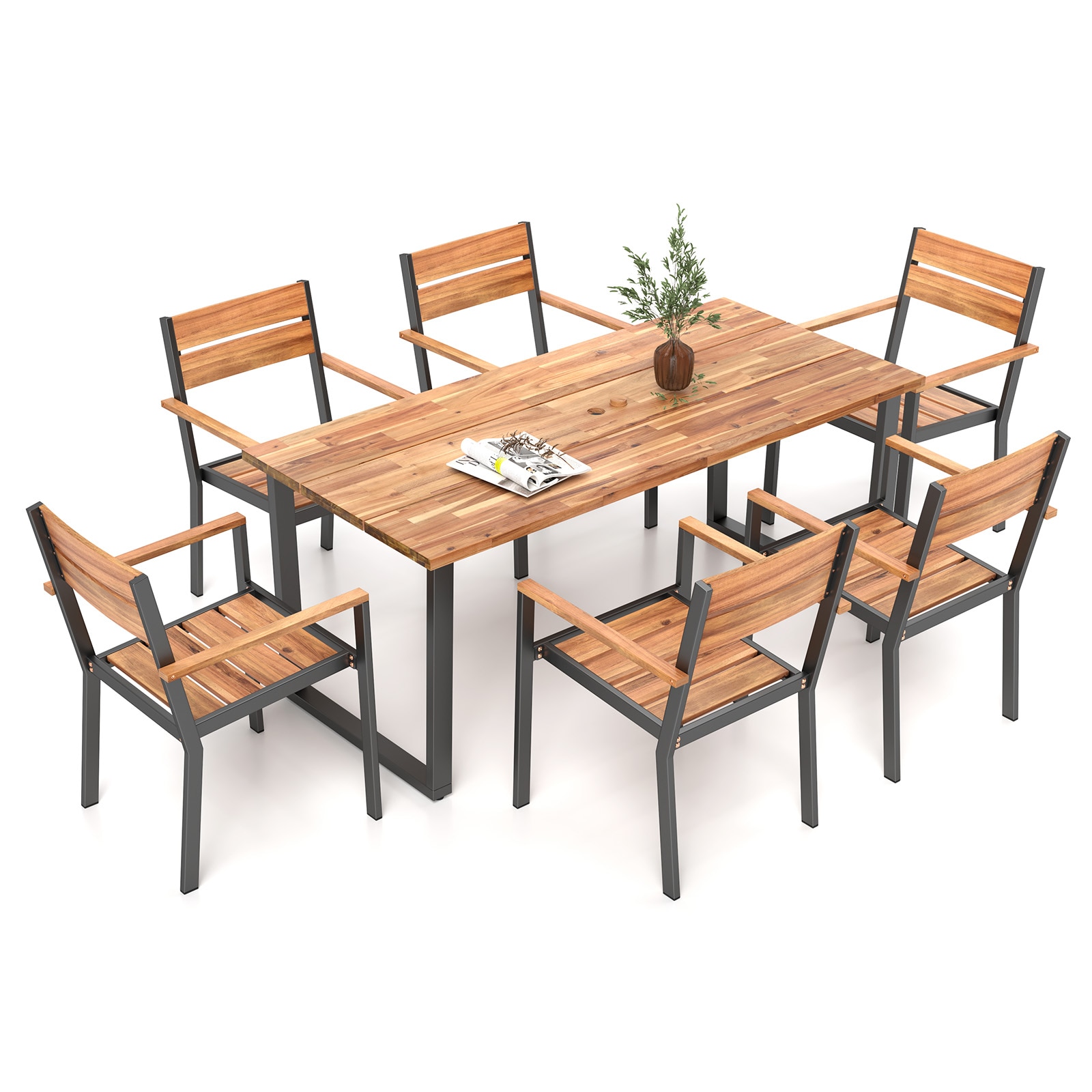 Volenca 7 Piece Acacia Wood Patio Dining Set With 69 in Metal Frame Table and 2 in Umbrella Hole