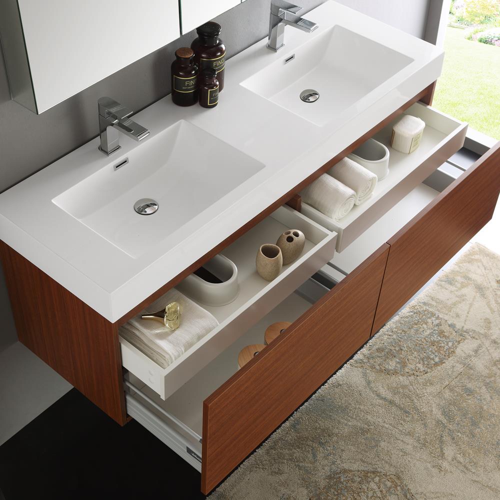 Fresca Mezzo 60-in Teak Double Sink Floating Bathroom Vanity with White ...