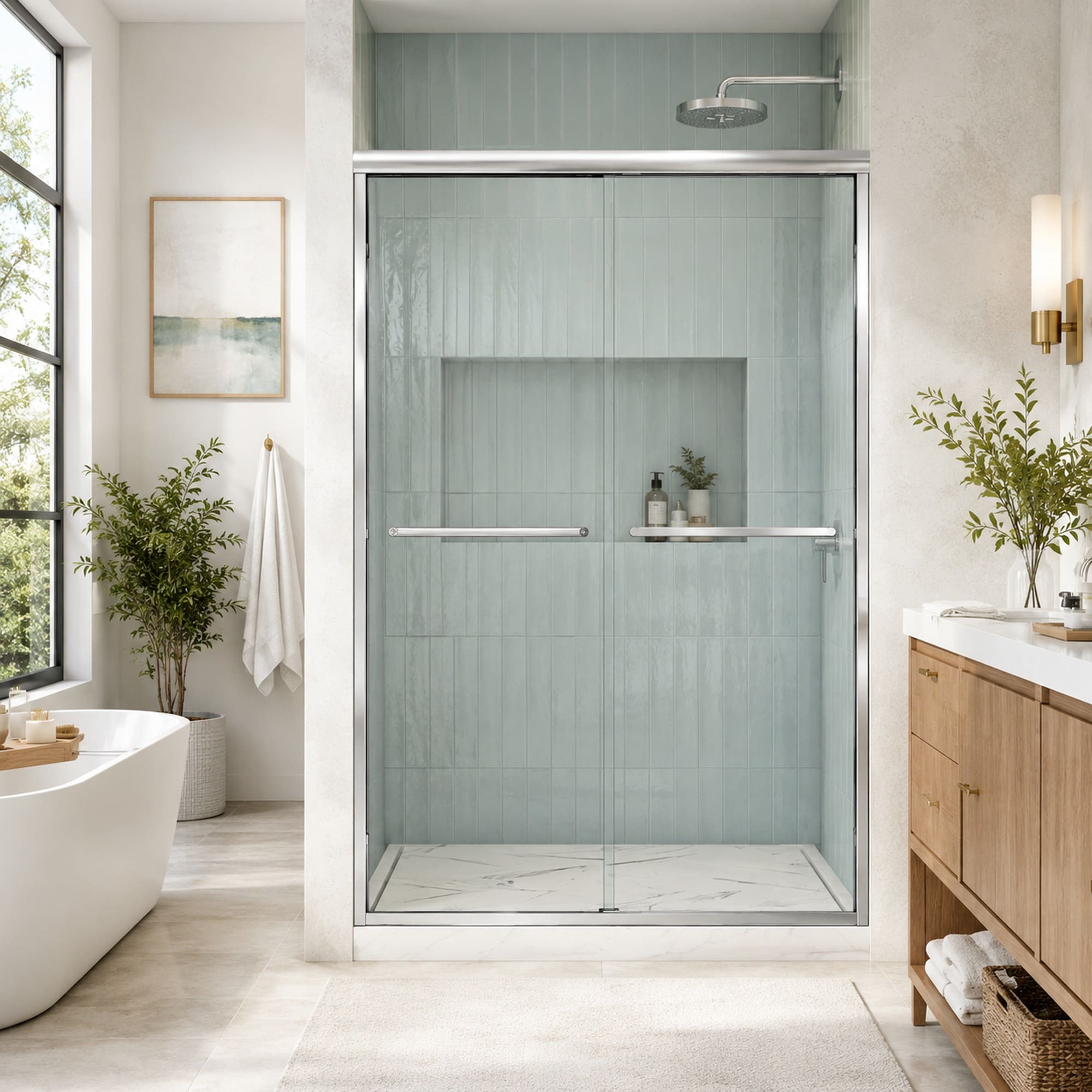 HyperDrop Cart 44-in to 48-in W x 74-in H Chrome Framed Clear Tempered Glass Double Sliding Shower Door with Safety Film Nano Coating and Seals