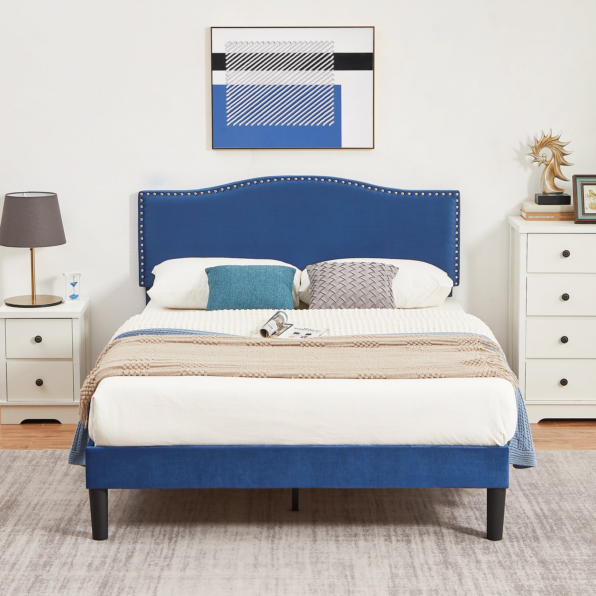 Vecelo LOE-CY-FB03-DBLU Full Bed Frame Upholstered Wood Slat Suppor with Adjustable Headboard Dark Blue