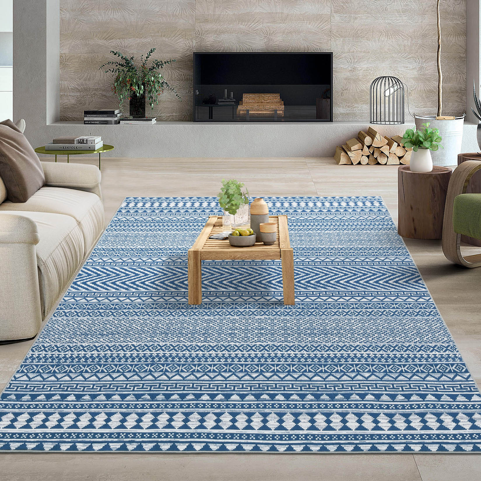Garvee YXY-LO-PHO-15DJE67Y 9 x 12 (ft) Loomed Polyester Blue Rectangular Indoor Geometric Vintage Machine washable Area rug