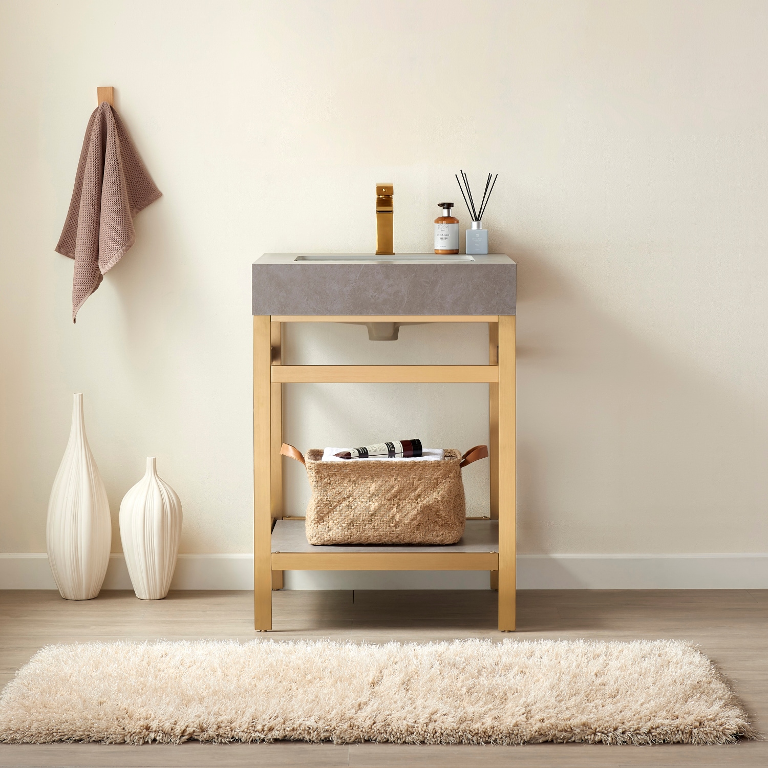 Vinnova 702524-BG-WK-NM 24-in Brushed Gold stainless steel Undermount Single sink Bathroom Vanity with Gray sintered Engineered stone Top
