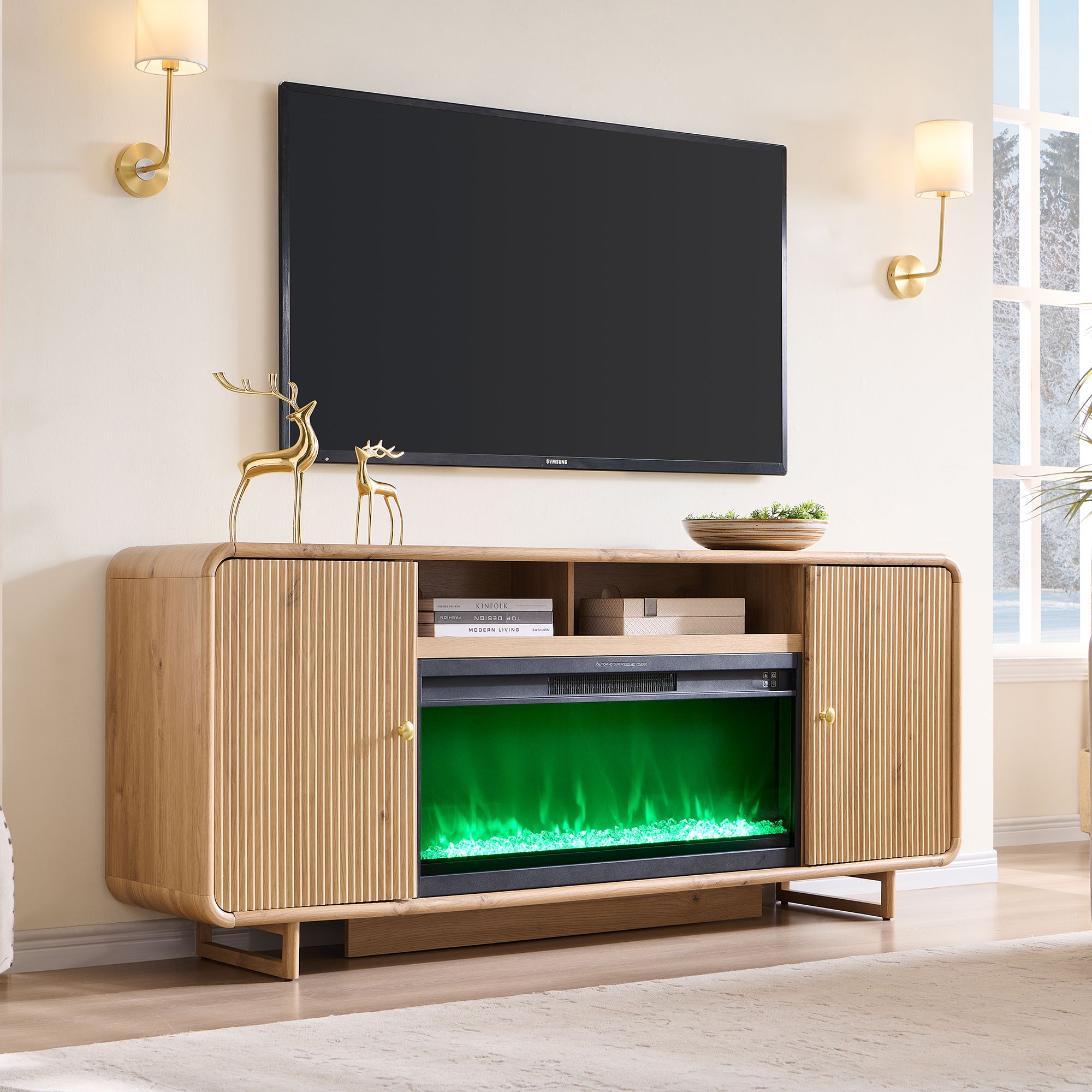 FireHD8＆Echoshow5(２台)セット ｴｺｰｼｮｰ5 ﾌｧｲﾔｰ DecorUHome Fireplace TV Stand Modern Entertainment Center with 36