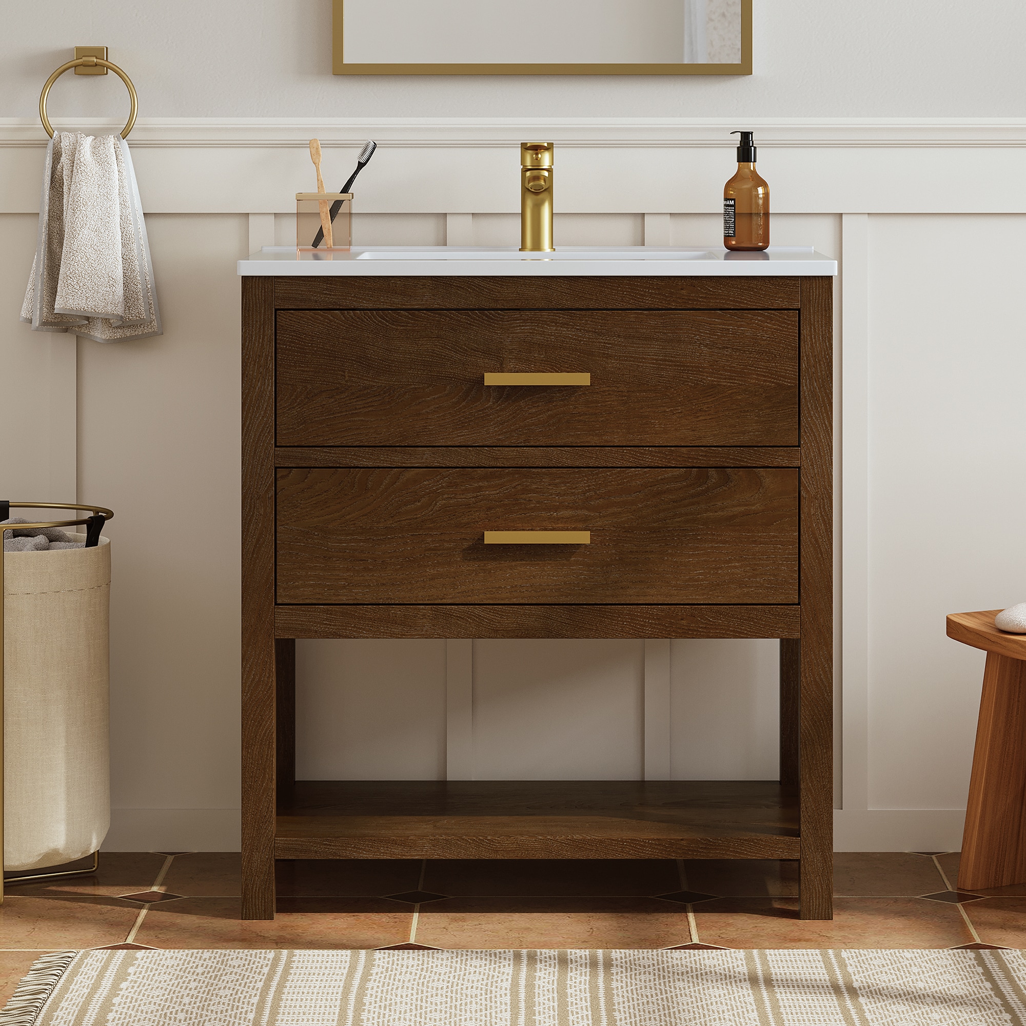 DELUXE LIVING V24030KD-30WT Castle 30-in Walnut Single Sink Bathroom Vanity with White Acrylic Top