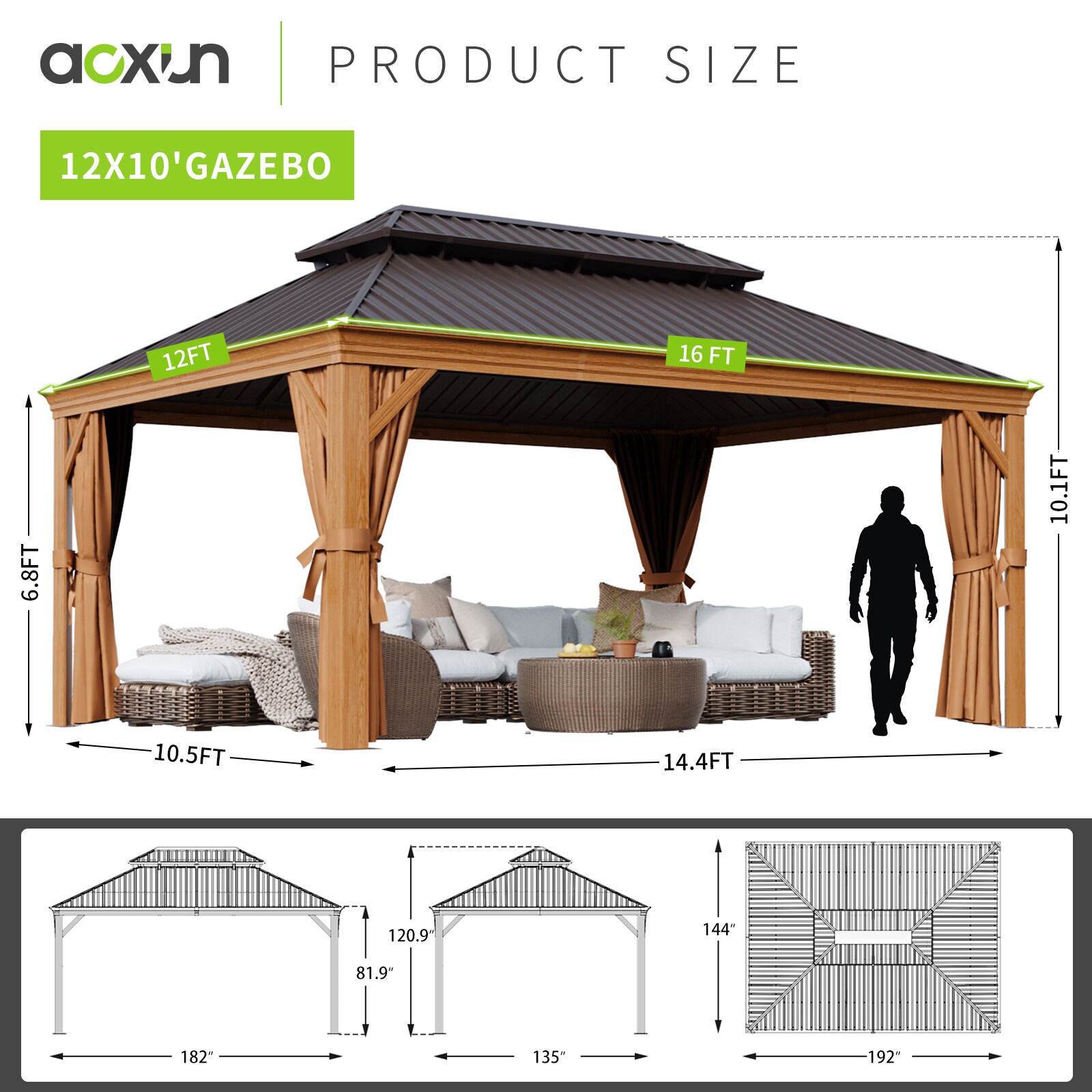 AOXUN 16-ft x 12-ft Metal Gazebo Rectangle Brown Metal Steel Roof ...