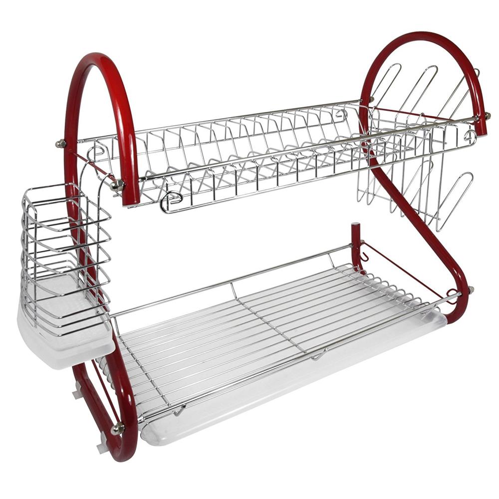 J&V Textiles 17 in. x Shaped Stainless Steel 2-Tier Dish Rack for Kitchen Counter, Red