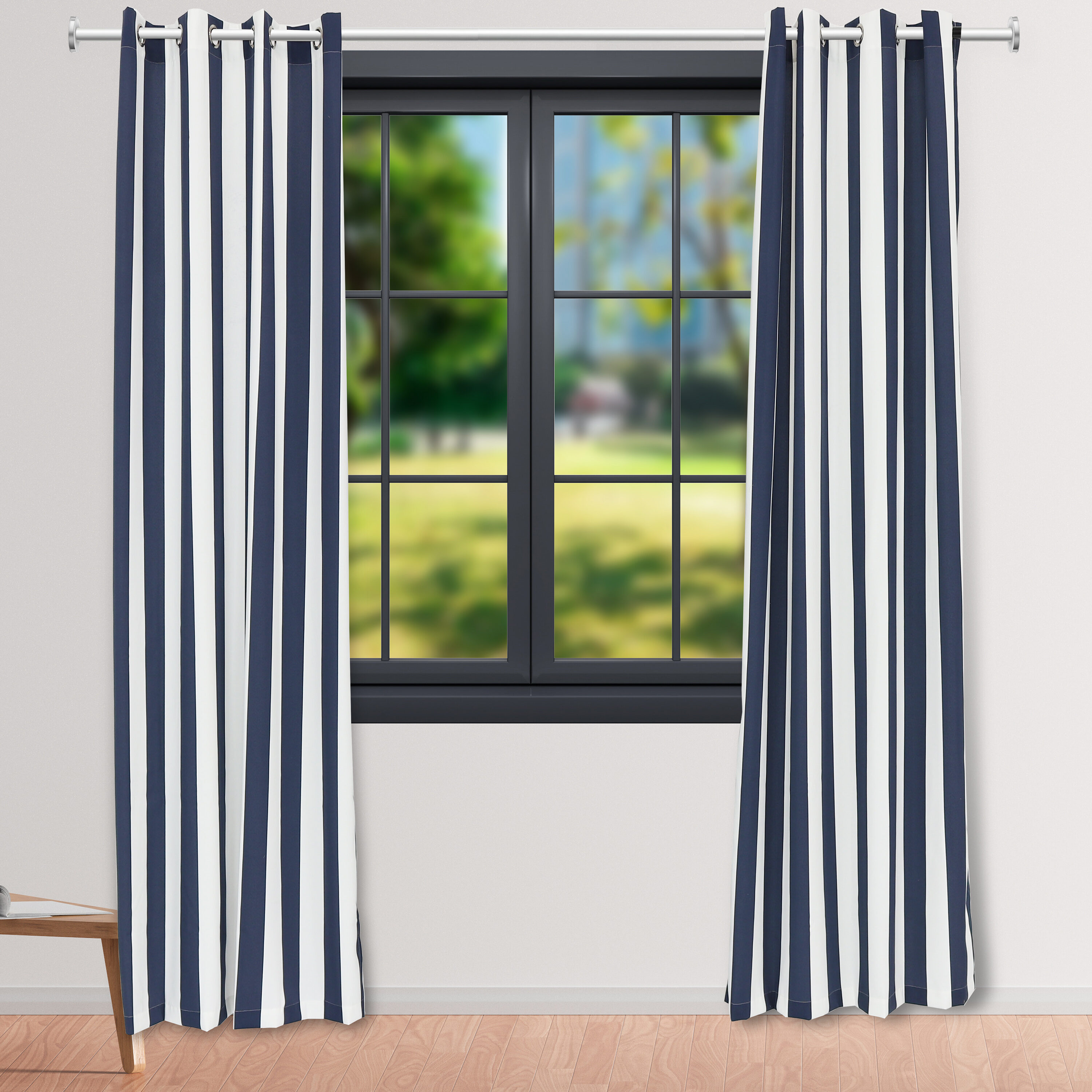 Blue and White Stripe Polyester Light-Filtering Grommet Curtain Panel
