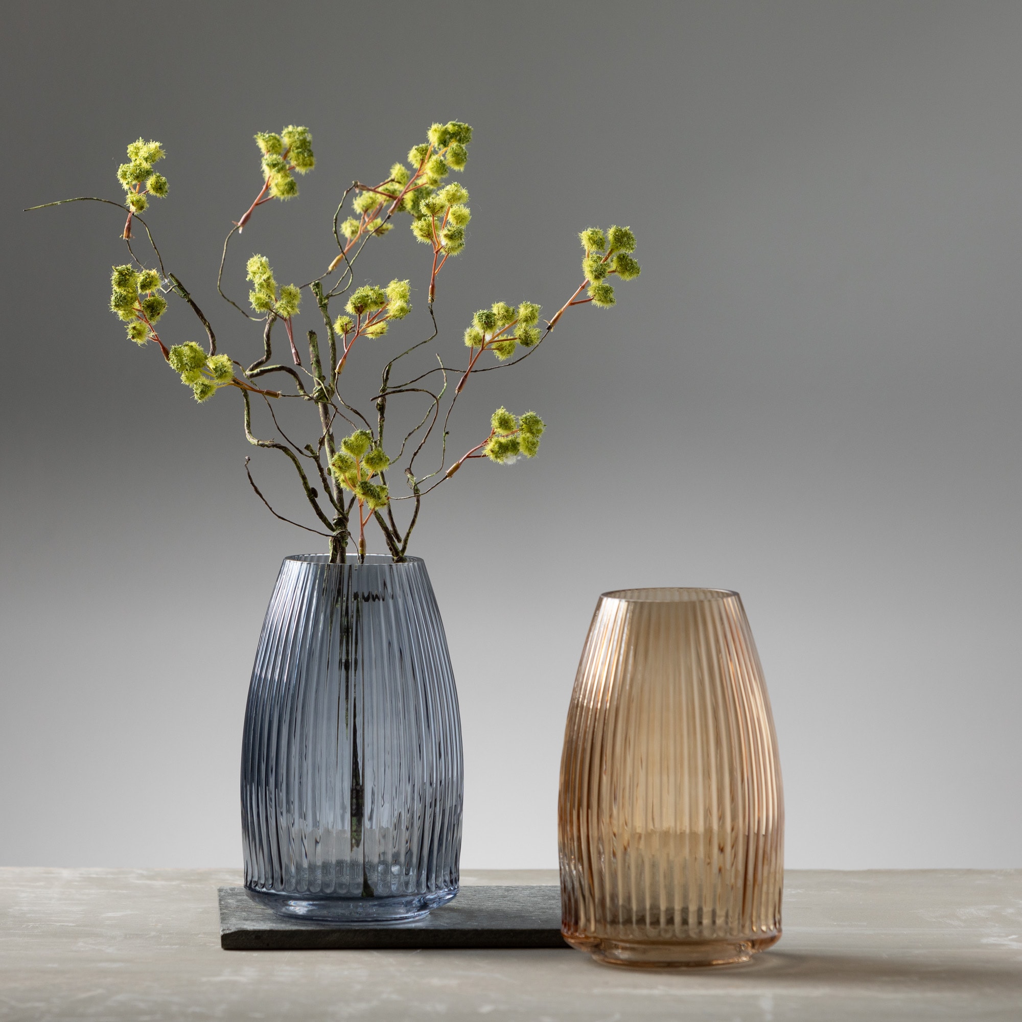 Amber Ribbed Glass Decorative Vase, 10.5"