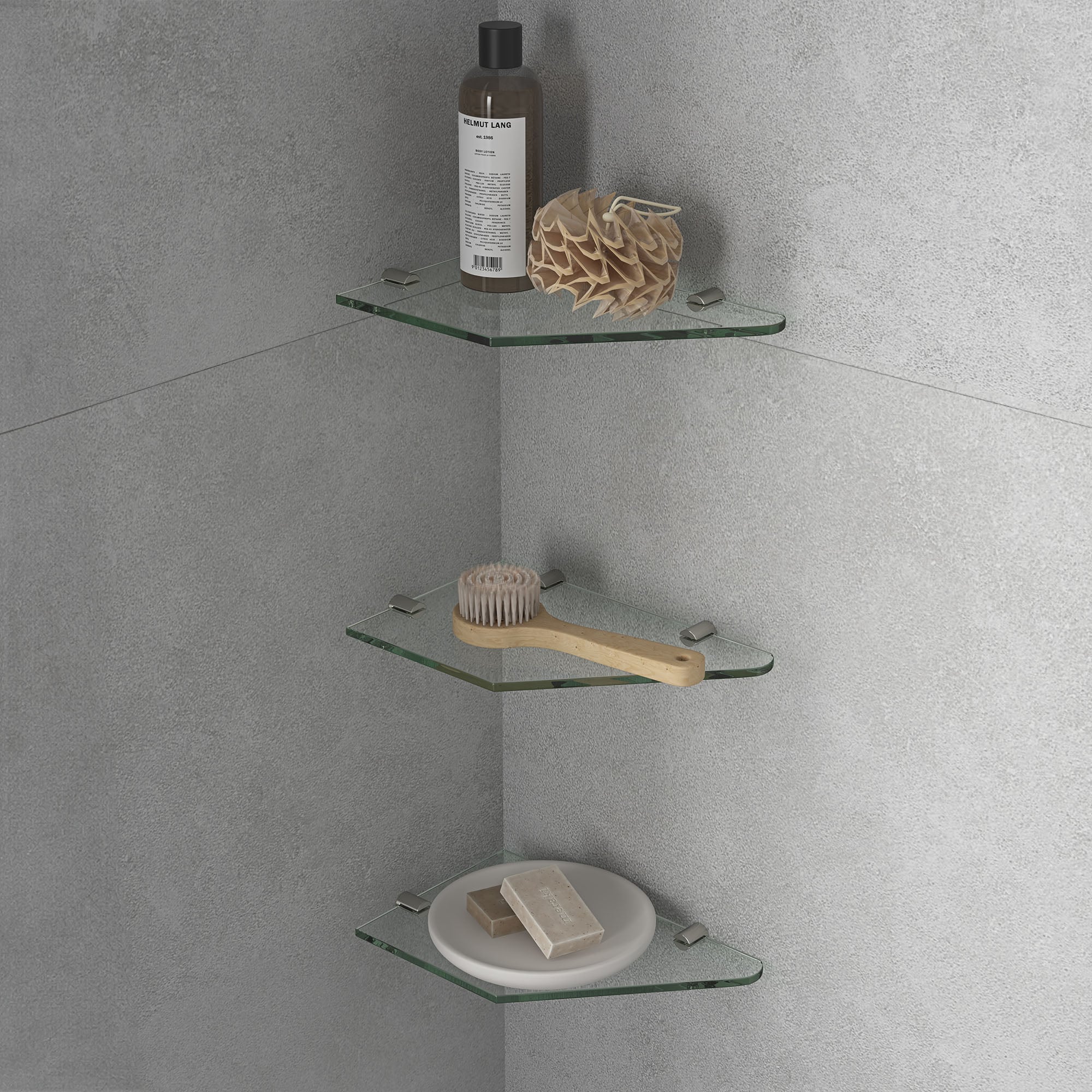 OVE Decors 15B21AACSHELFASAT Bella 3-pack Tempered Glass Corner Shelves with Stainless Steel Wall Mounted Satin Nickel Finish For Bathroom
