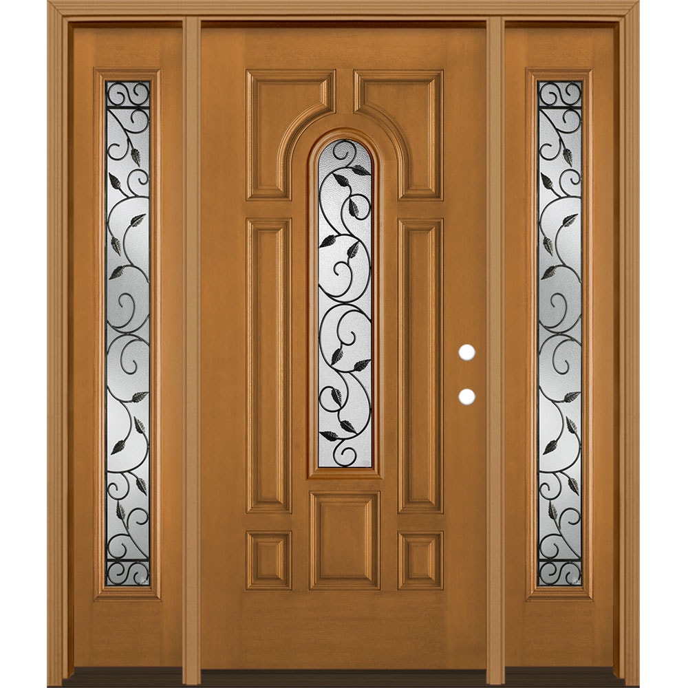Masonite 3422425 Pergola 64-in x 80-in x 4-9/16-in Fiberglass Center arch lite Left-hand inswing Oakcrest Stained Prehung Single door with sidelights Front Door with Brickmould Insulating core Decorative glass