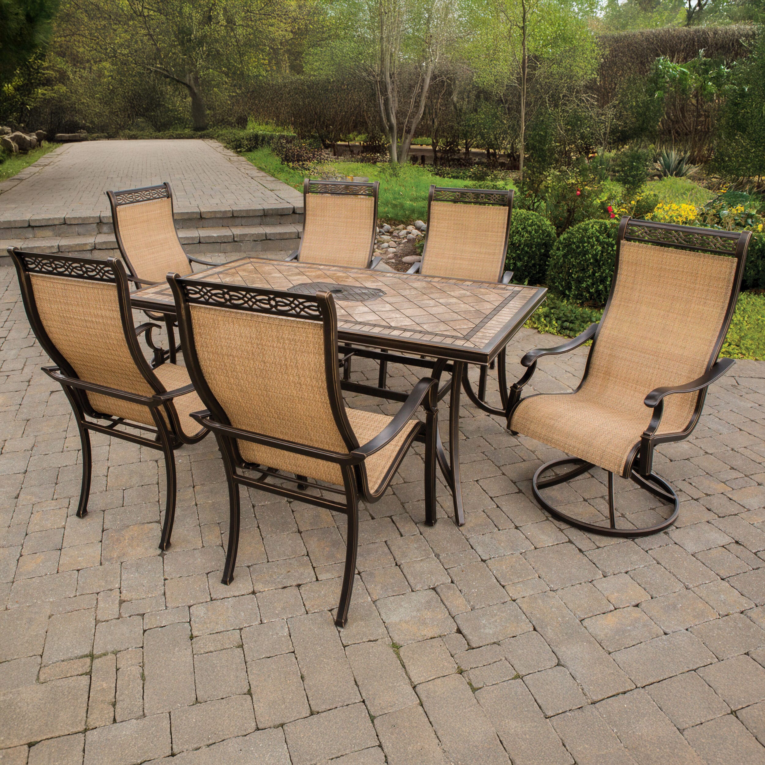 Hanover MONACO7PCSW Monaco 7 -Piece Bronze Patio Dining Set Aluminum Rectangle Table with 6 Tan Stationary and Motion Chairs