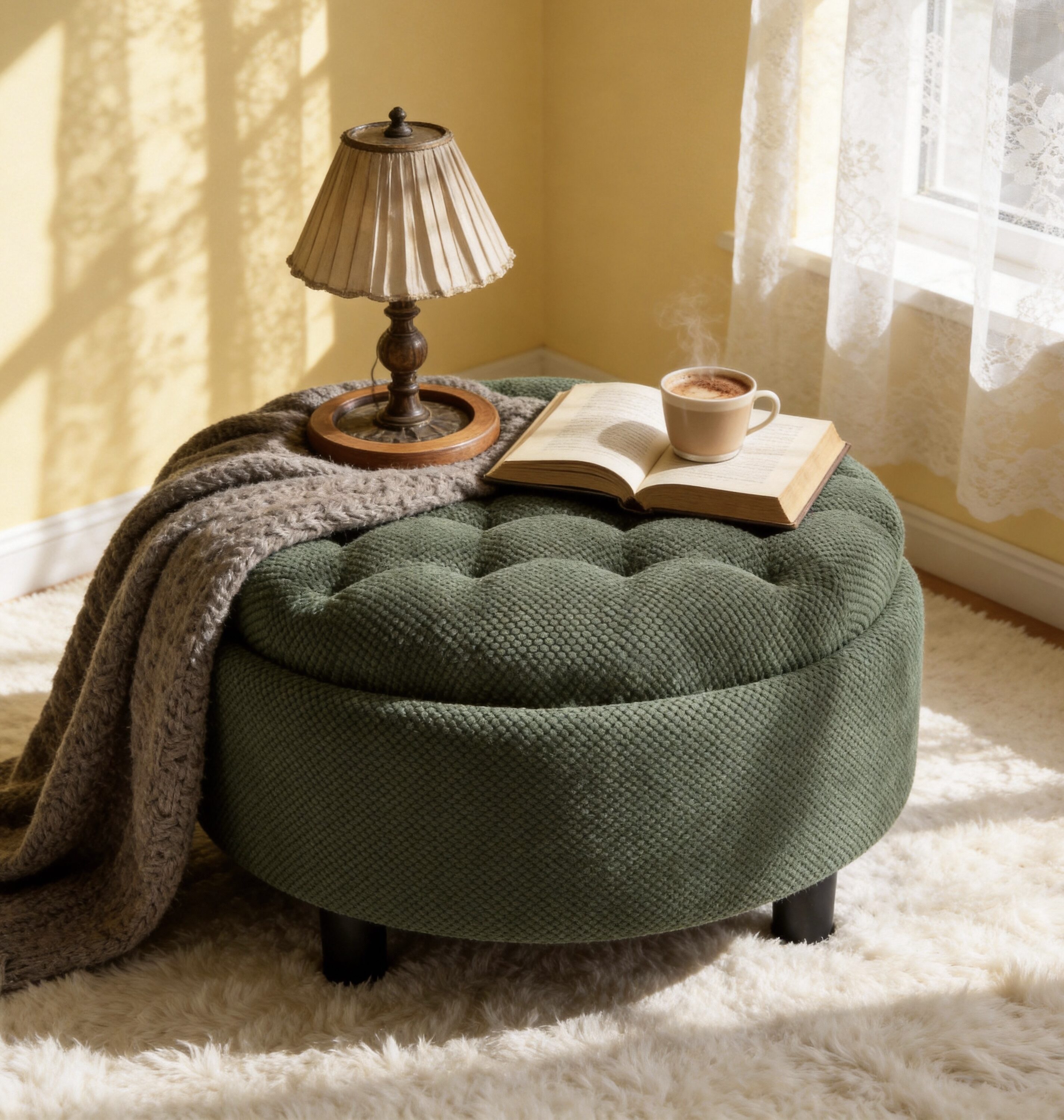 JPJPUU - 25Inch Green Round Upholstered Storage Ottoman with Tray Modern Tufted Fabric Circle Cof...