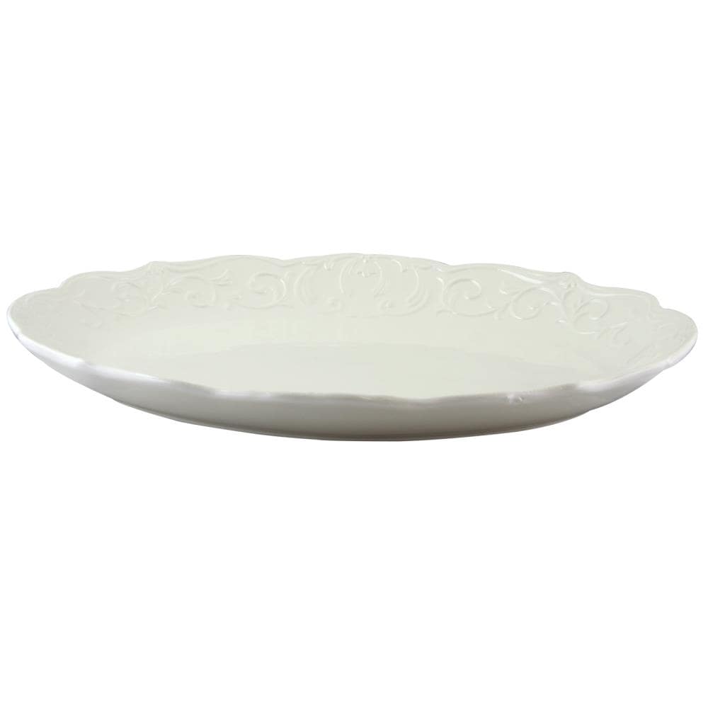 White Embossed Ceramic Oval Serving Platter, 20"