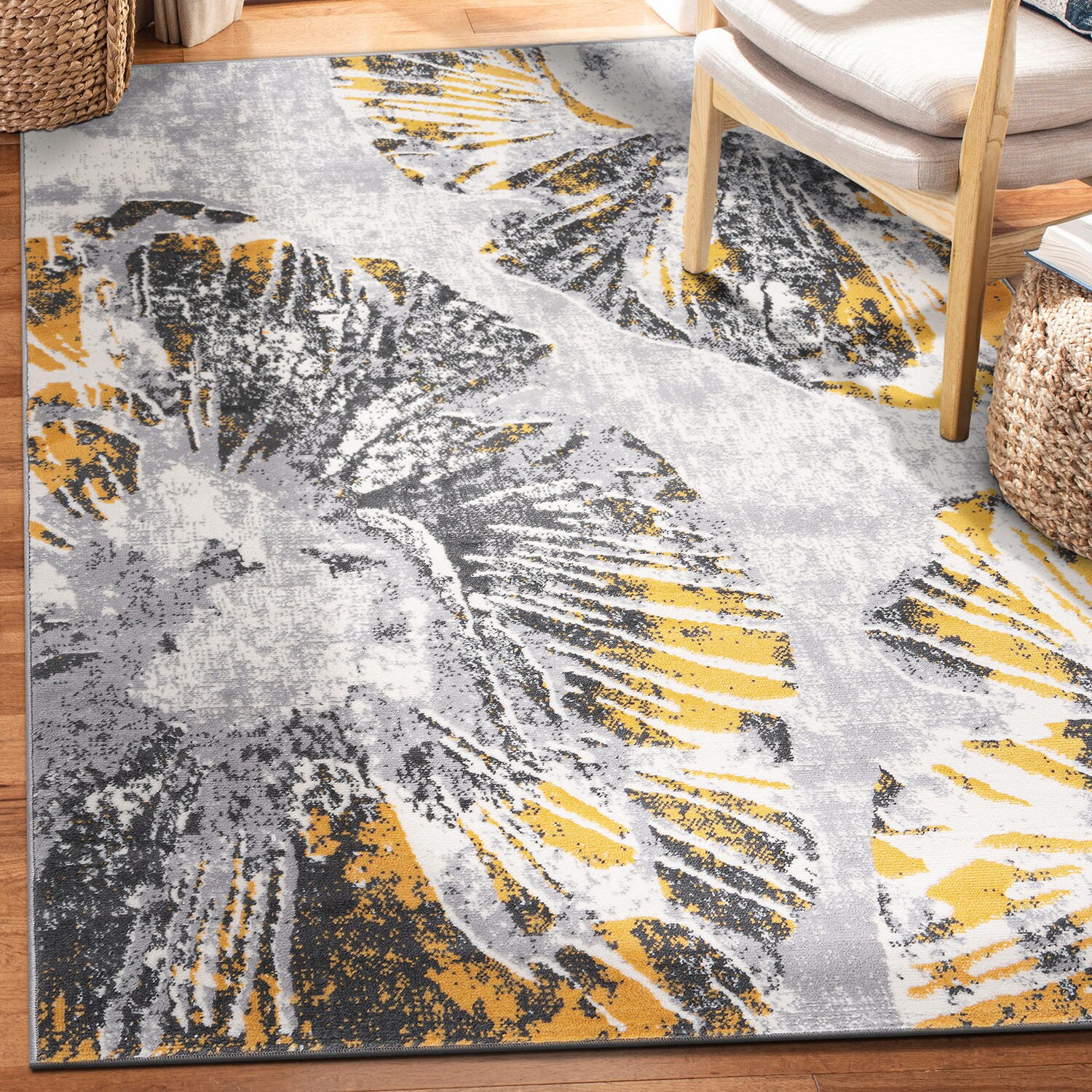 Yellow and Gray Floral Stain-Resistant Synthetic 8' x 10' Area Rug