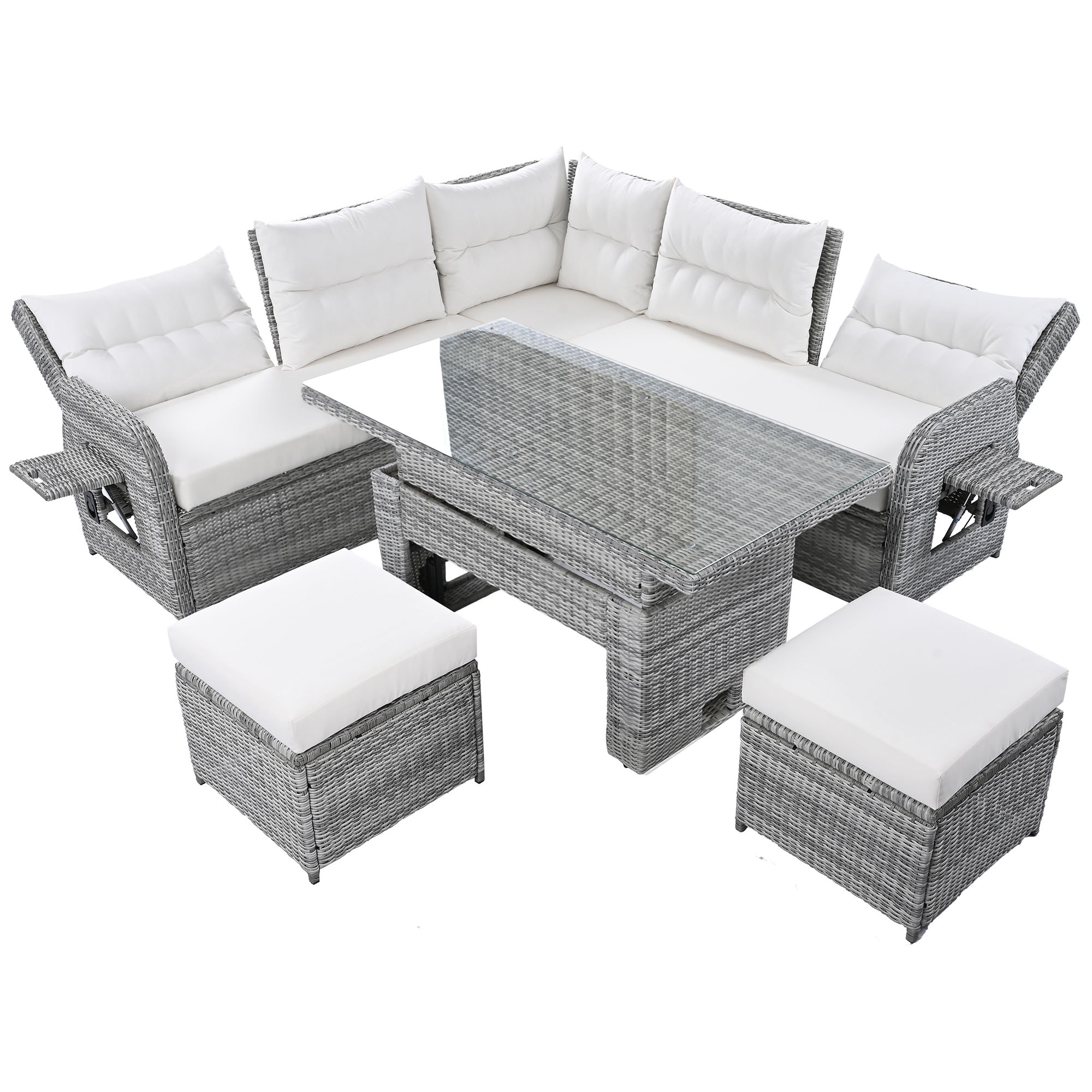 SINOFURN SYA690009GY Rattan Outdoor Sectional with Beige Cushions and Rattan Frame