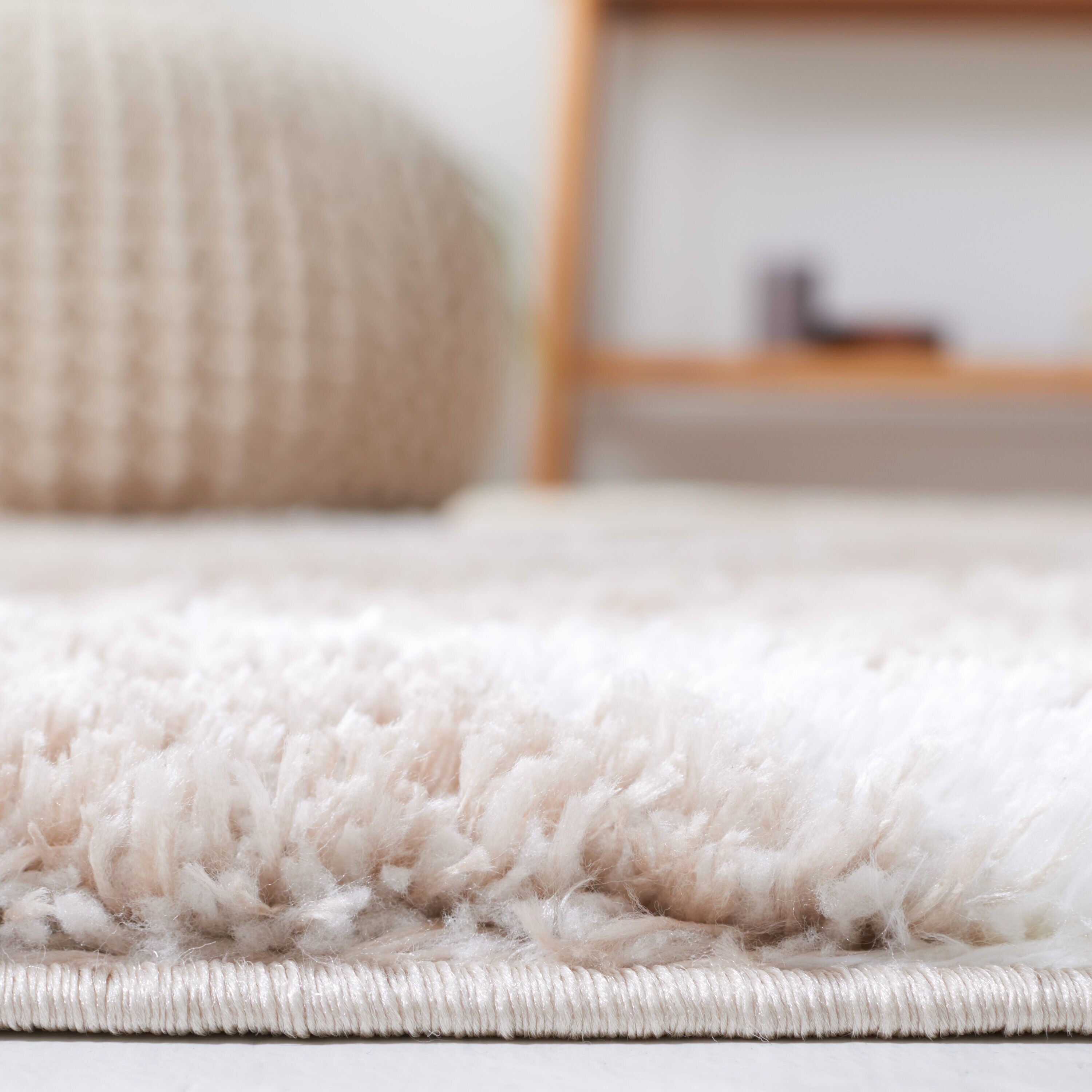 Beige and White Geometric Shag Runner Rug 2' x 9'