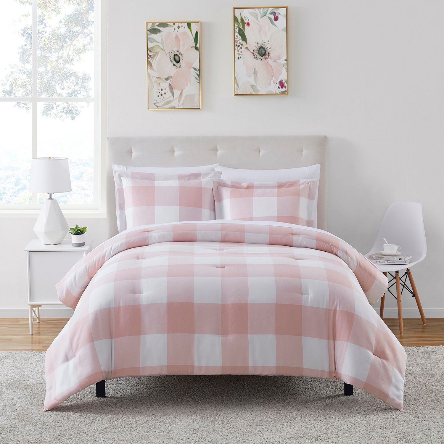 Sweet Home Collection 7 Piece Buffalo Checkered Plaid Bed in a Bag Set Comforter and Sheet Set Full Blush