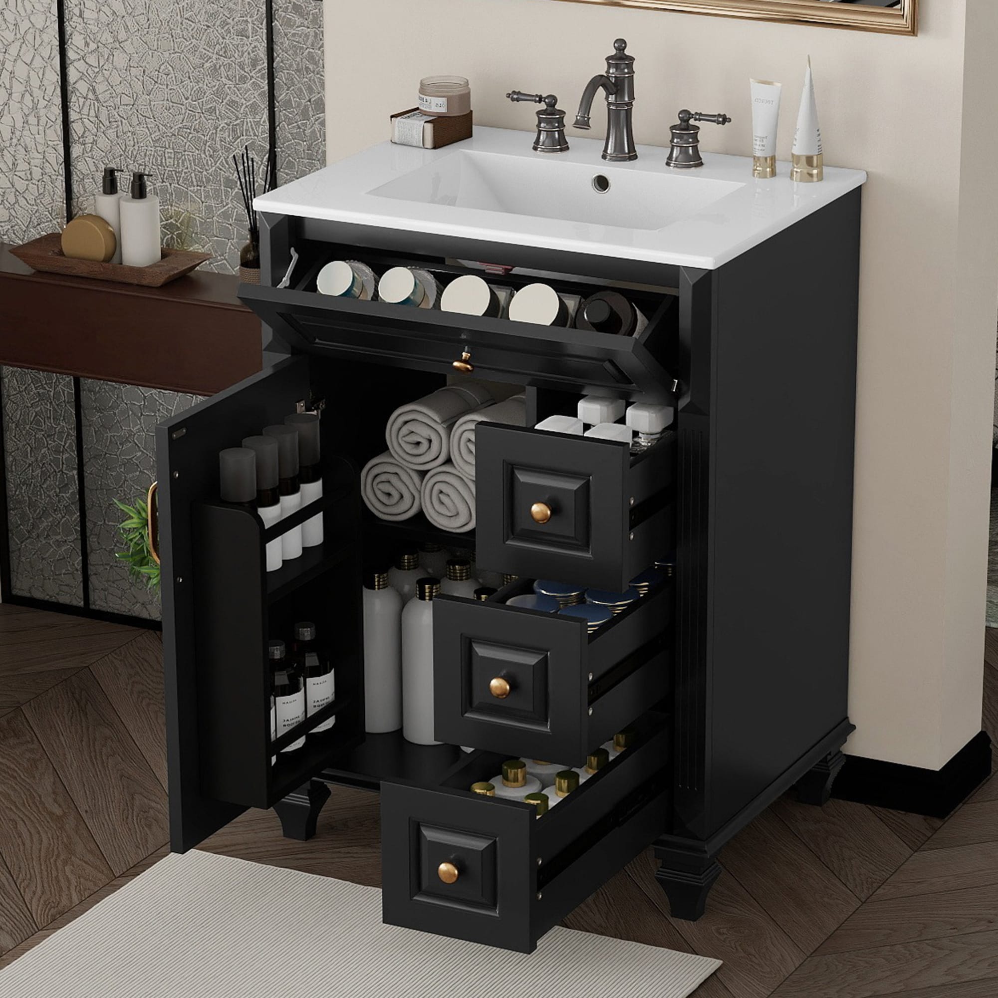 Qualler -  24 Inch Freestanding Bathroom Vanity Cabinet with Ceramic Sink Top and Storage Drawers...