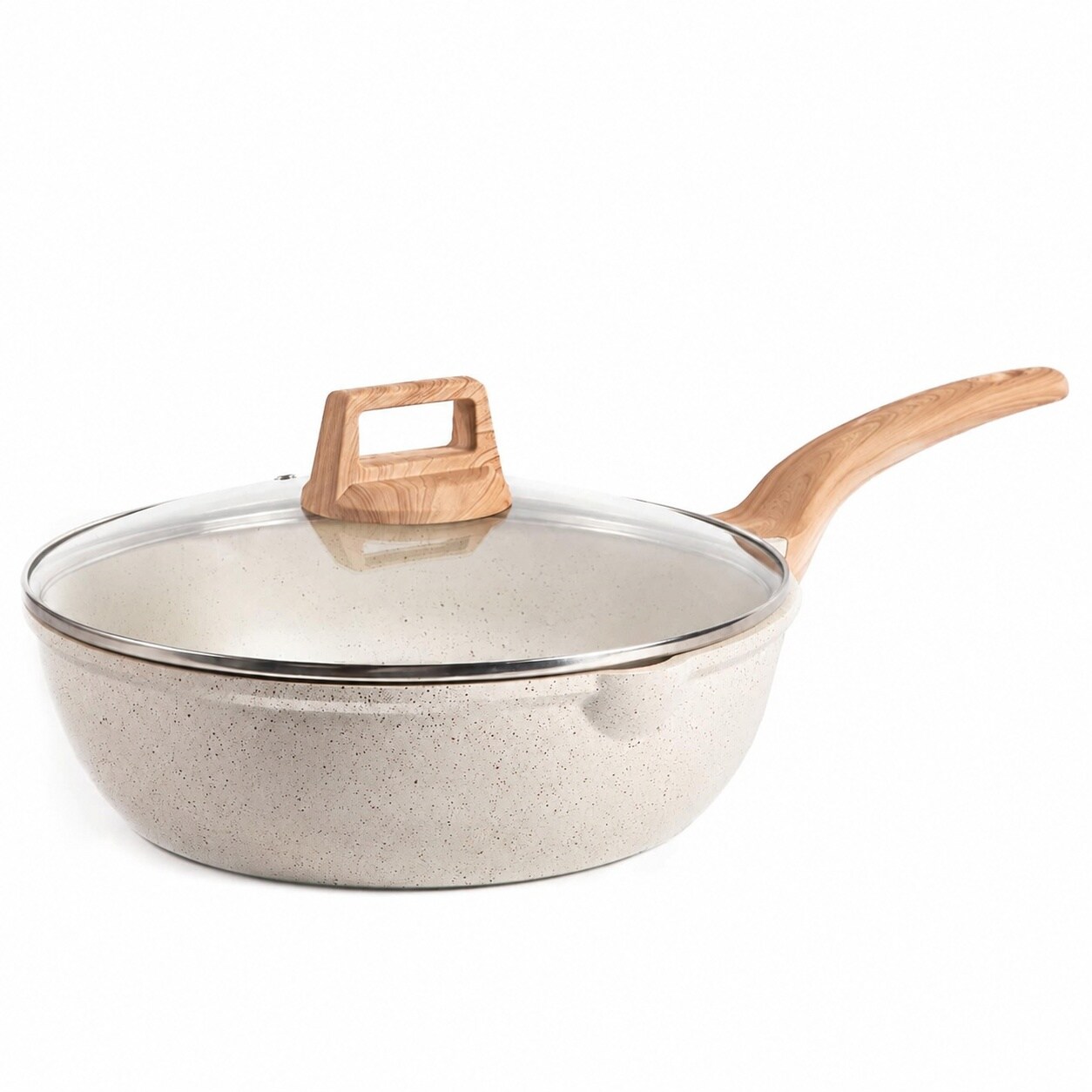 Aoibox 12 in 5 5 qt White Granite Nonstick Deep Frying Pan with Lid and Pour Spout Rivetless Induction #LAB6H52R