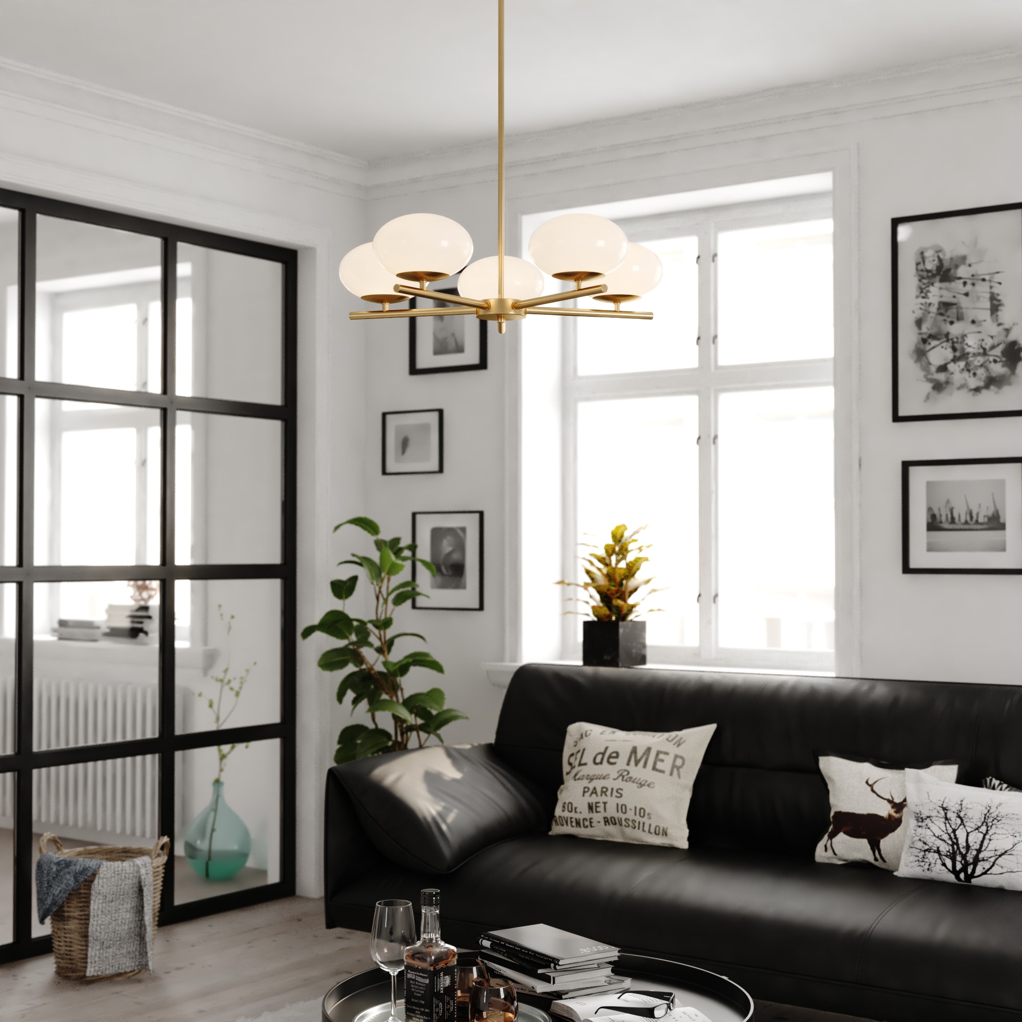 Sloane Satin Brass Mid-Century Modern Chandelier with White Glass Globes