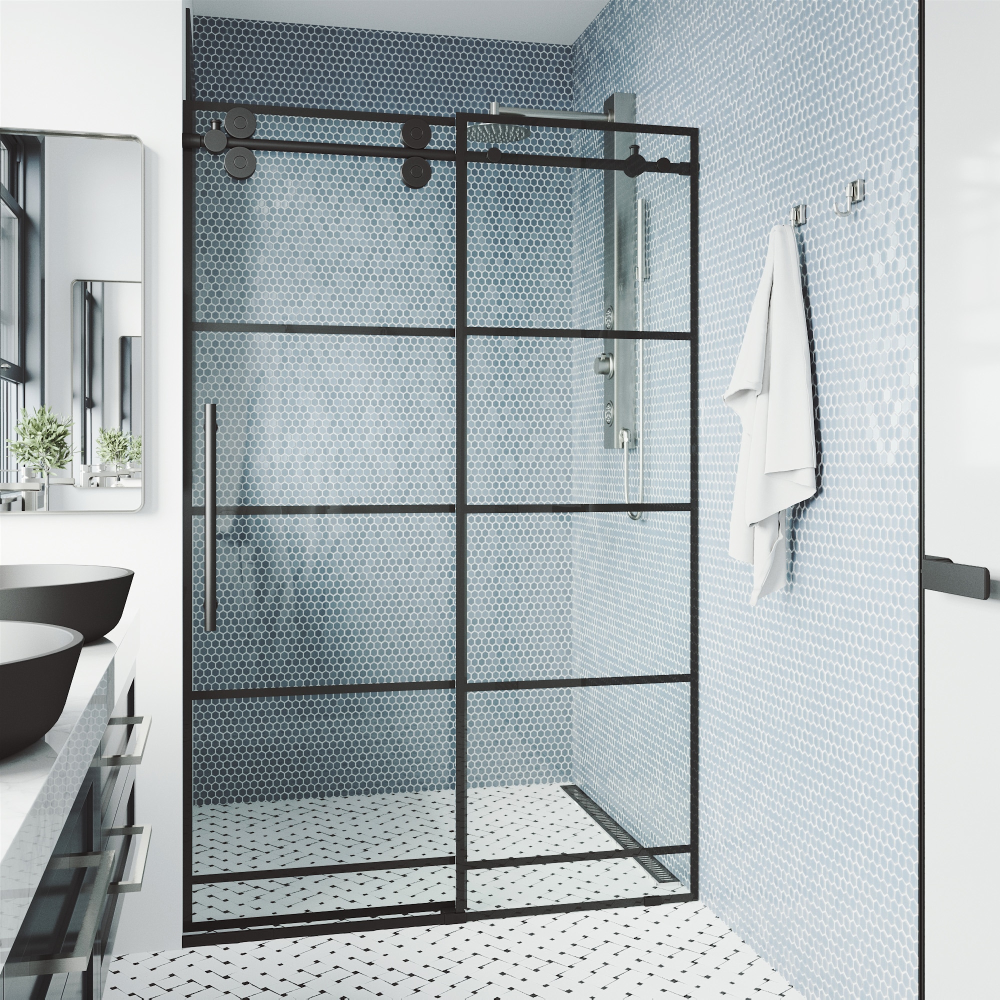 VIGO VG6041MBSCL6874 Elan Matte Black Grid 64-in to 68-in W x 74-in H Frameless Sliding Shower door 3/8-in Thick Clear Glass