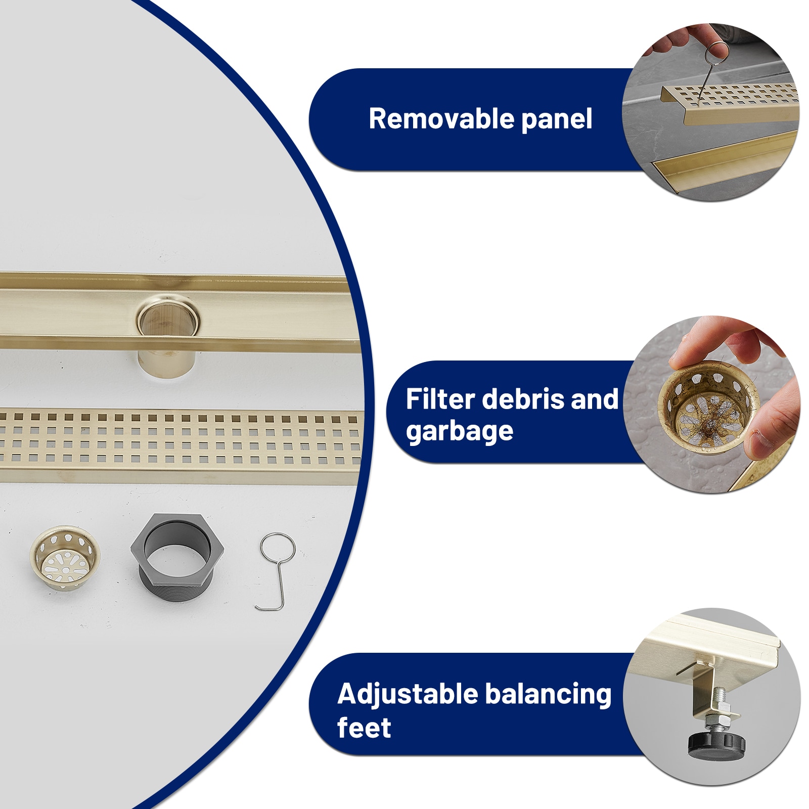 Brushed Gold 24-Inch Stainless Steel Linear Shower Drain with Square Pattern