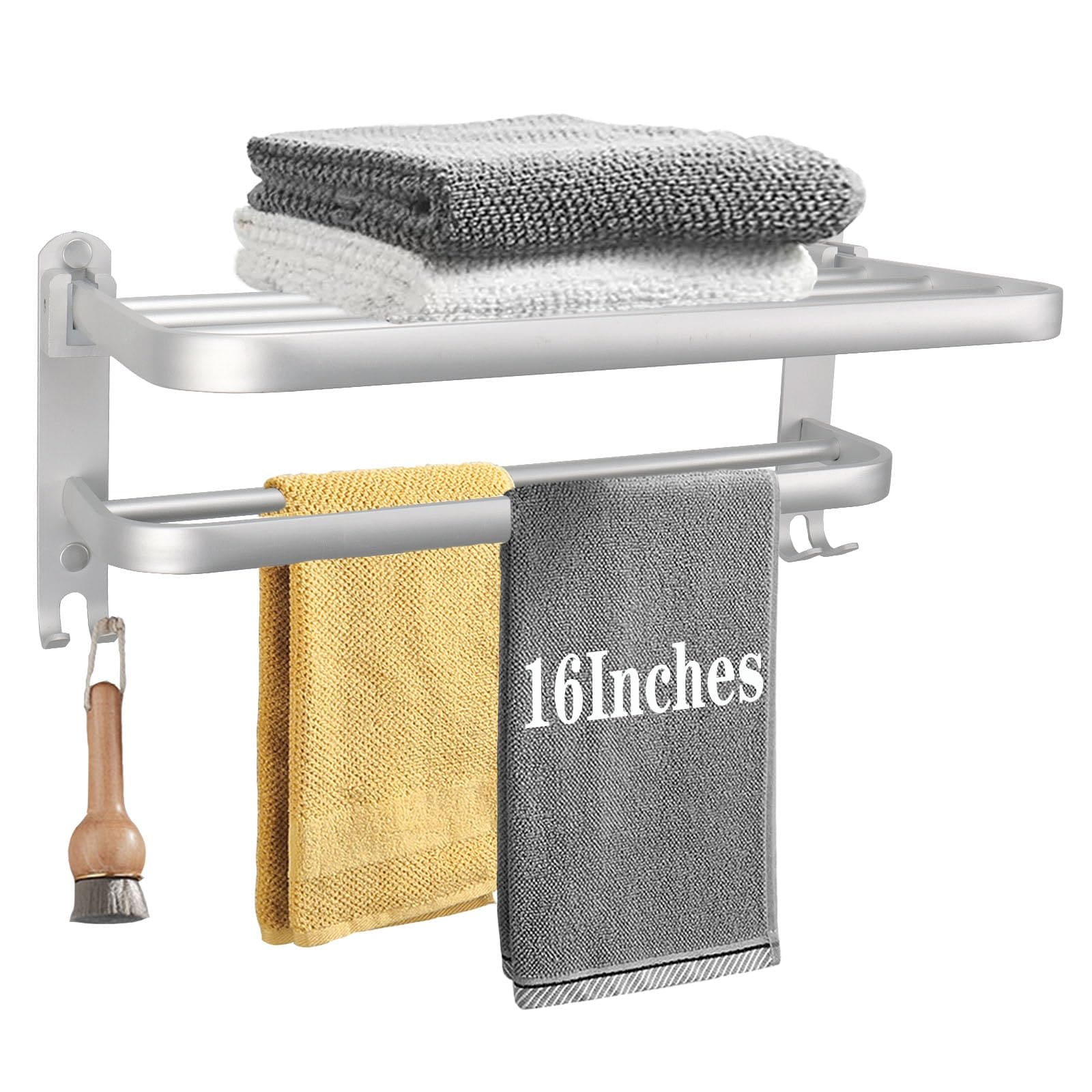 UUDULY  Bathroom Towel Rack Wall Mounted Organizer with Double Bar Foldable Shelf and Hooks Rustproof Aluminum 16 Inch Silver for Bath Laundry