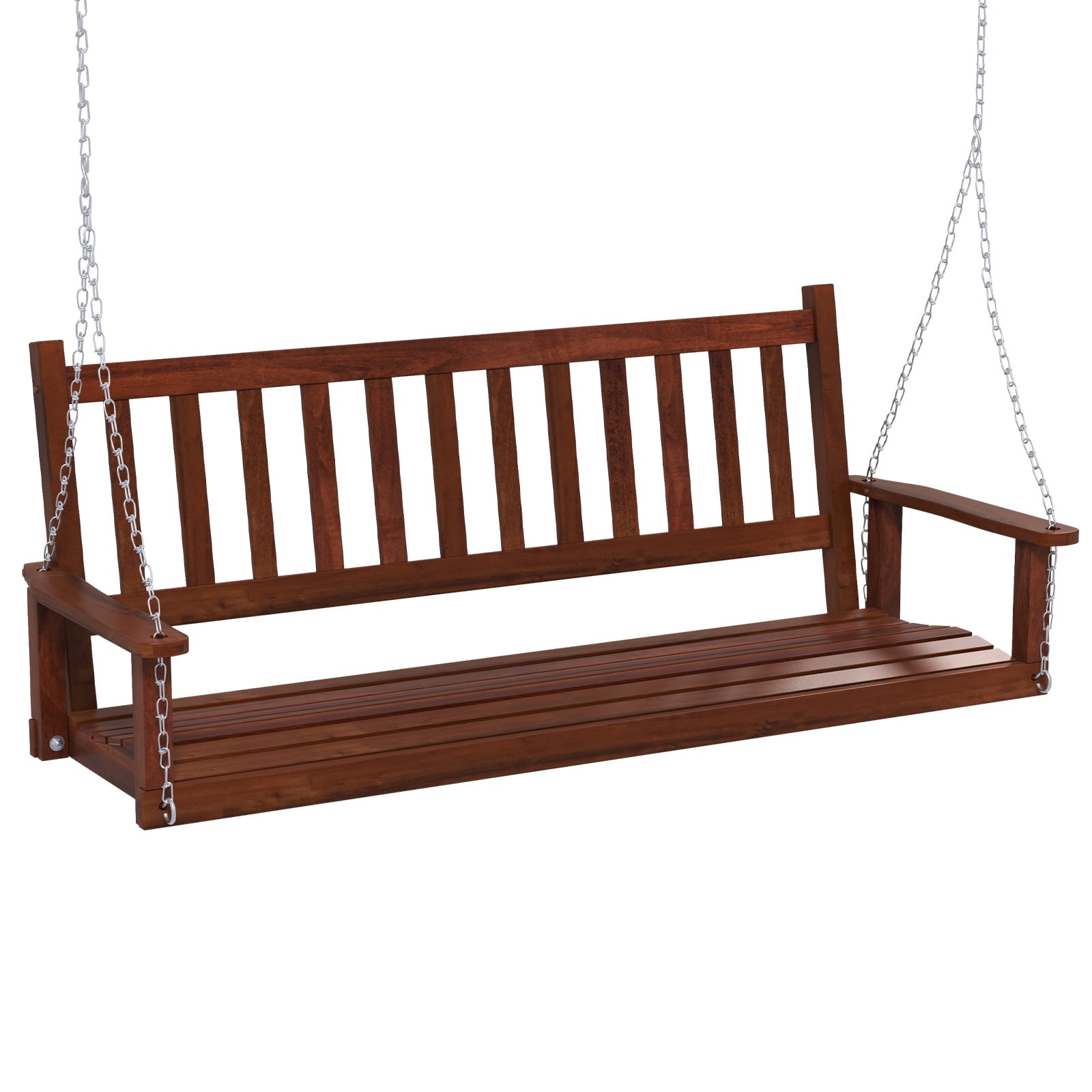 Slickblue D-CO-NB64411PN 3-Person- Brown/ White- Poplar Wood Frame Outdoor Porch Swing with Slatted Back and Armrests for Porch Balcony Backyard