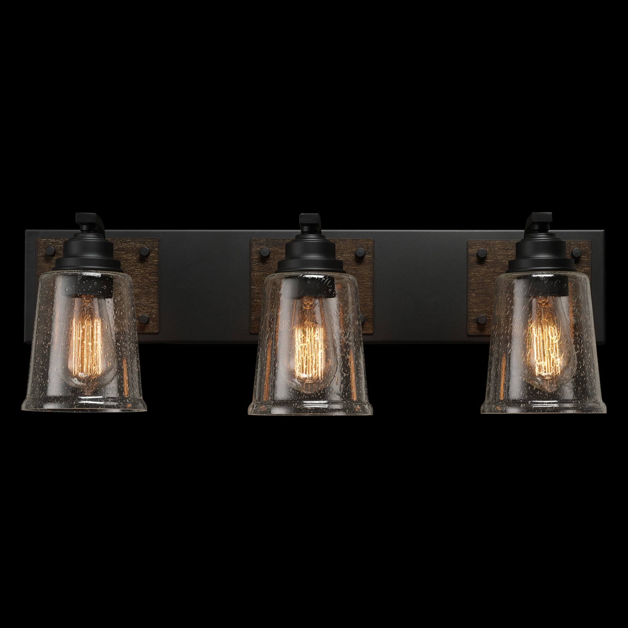 Matte Black and Faux Wood 24" Dimmable Vanity Light with Seeded Glass Shades