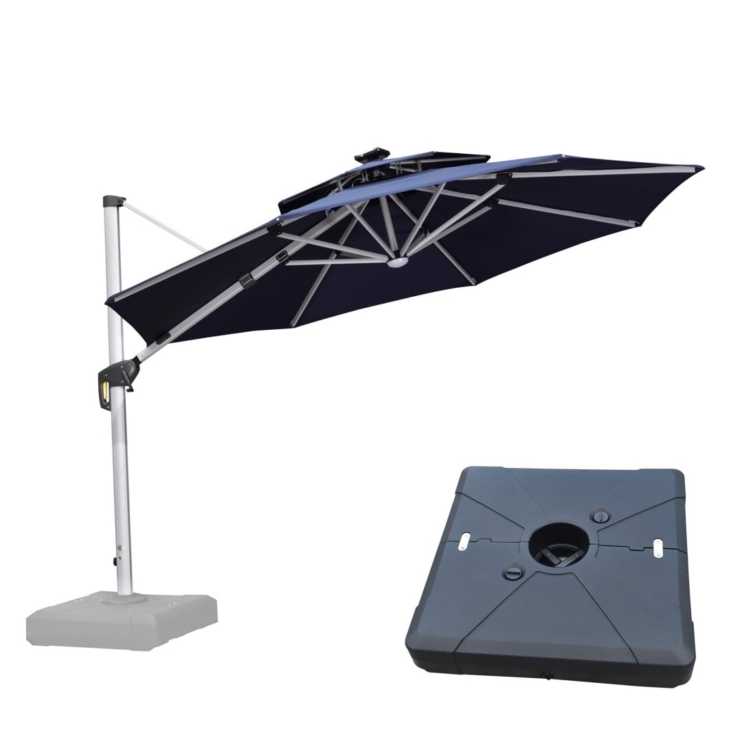 PURPLE LEAF LSGLRRDT11-NBWB 11-ft Aluminum Navy Crank Cantilever Patio Umbrella with Lights and with Base