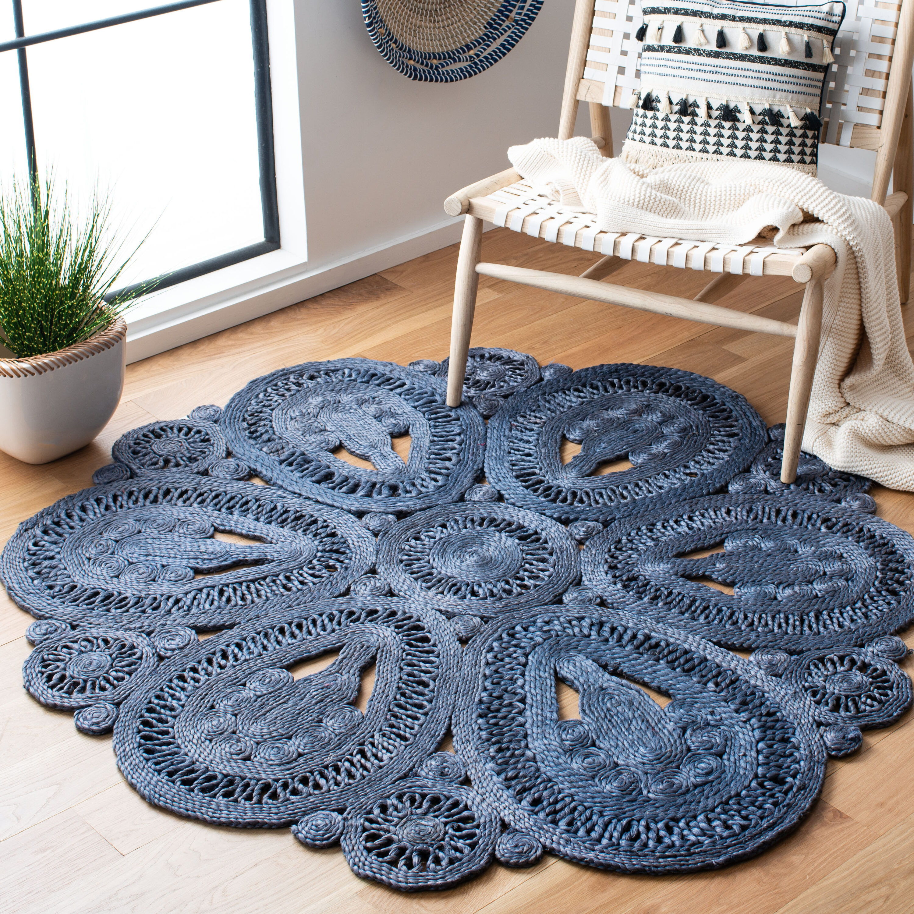  Natural Fiber 360 Navy Bohemian 6ft x 6ft Round Rug