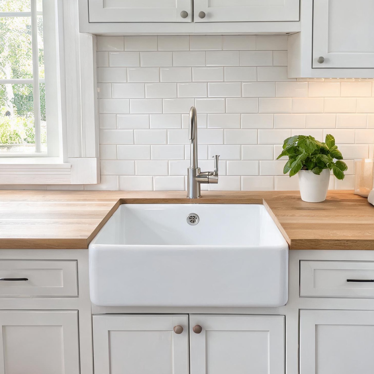 Naturefalls - Ceramic clean white farmhouse kitchen sink with deep single basin and undermount ap...