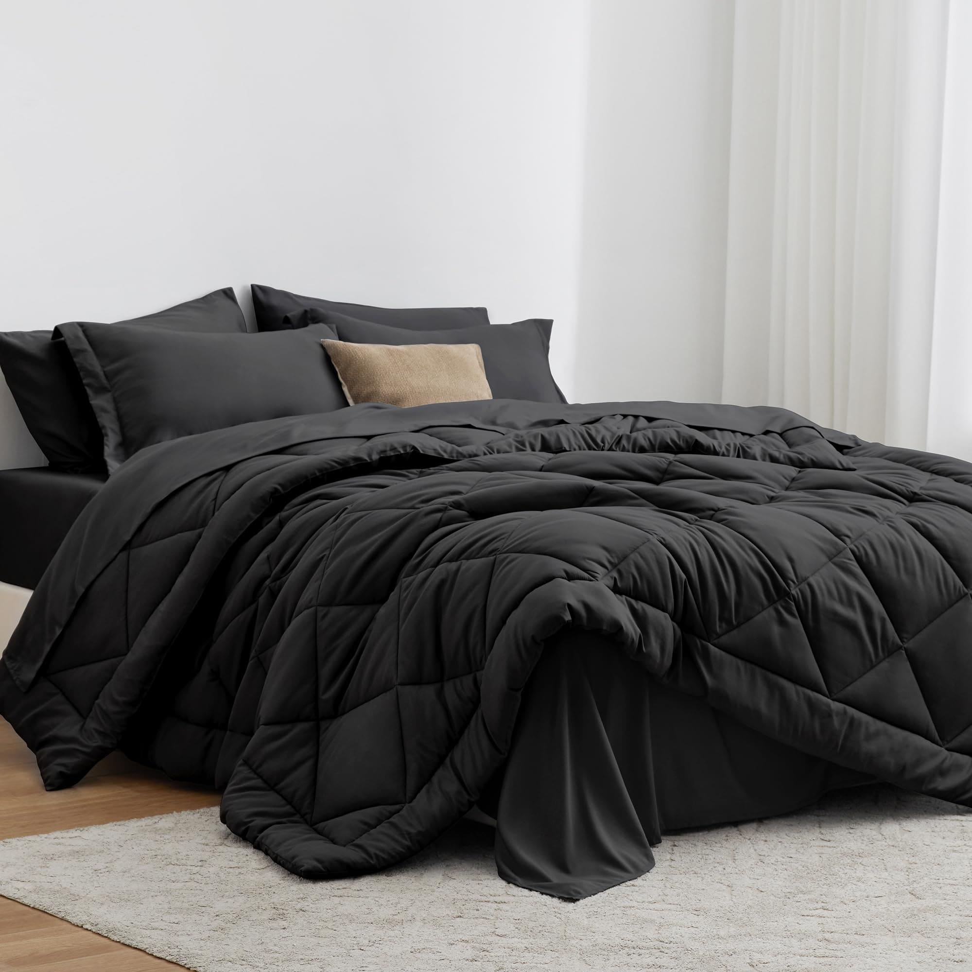 Anqtovp  7 Piece Full Comforter Set Black Includes 1 Comforter 82 x 86 in 1 Flat Sheet 81 x 96 in 1 Fitted Sheet 54 x 75 x 14 in 2 Pillowcases 2 Pillow Shams