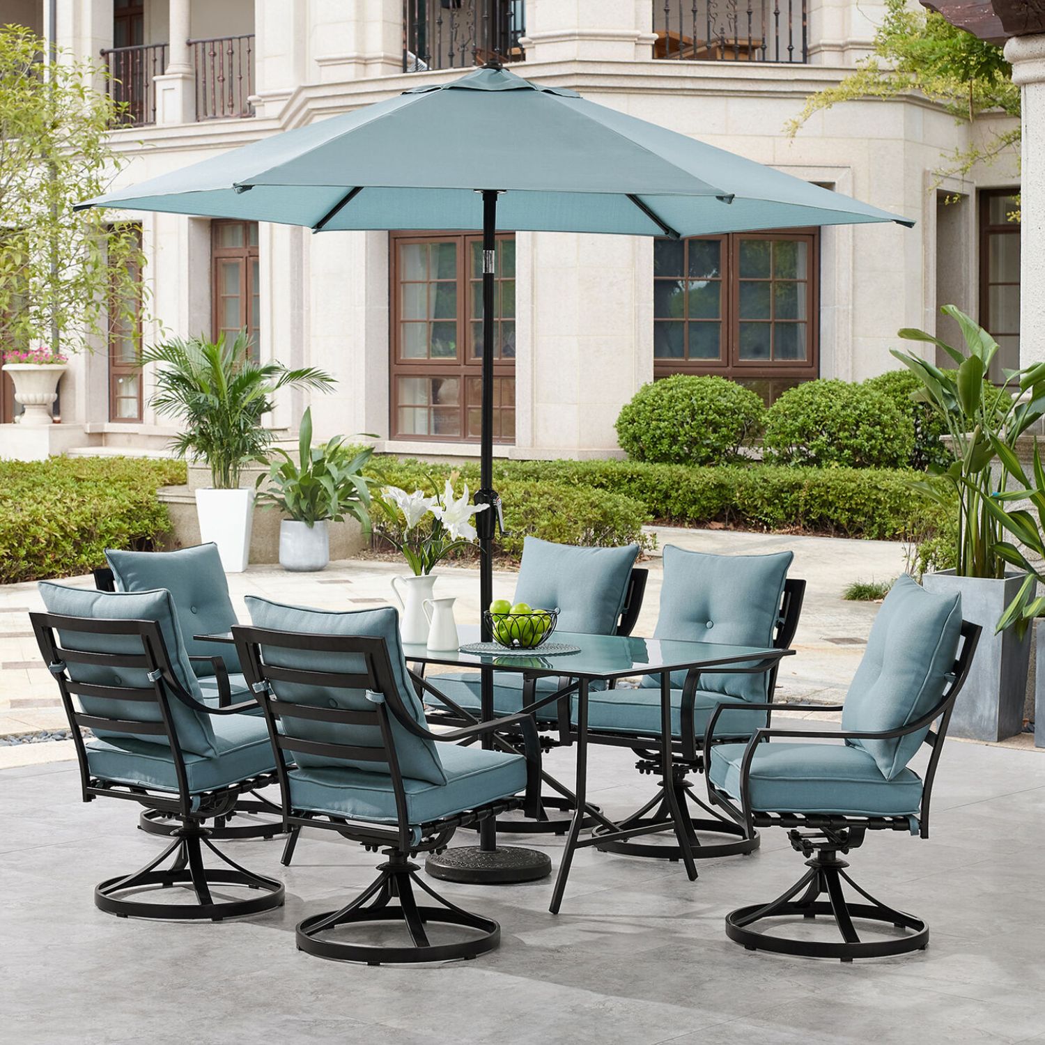 Hanover LAVDN7PCSW-BLU-SU Lavallette 8 -Piece Black Patio Dining Set Steel Rectangle Table with 6 Blue Cushions Swivel Rocker Chairs and Umbrella Included