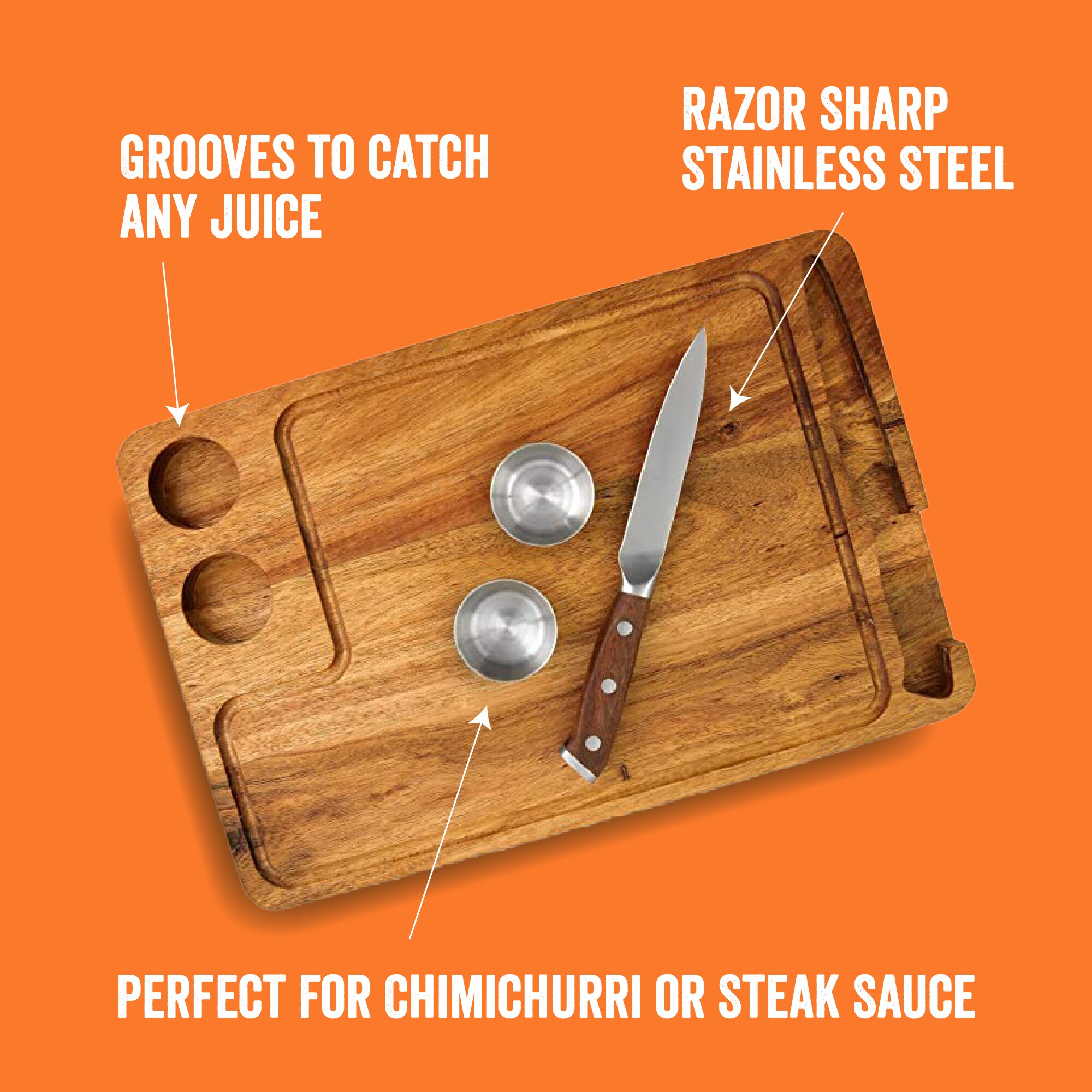 Premium Acacia Wood Rectangular Steak Board Set with Knife and Cups