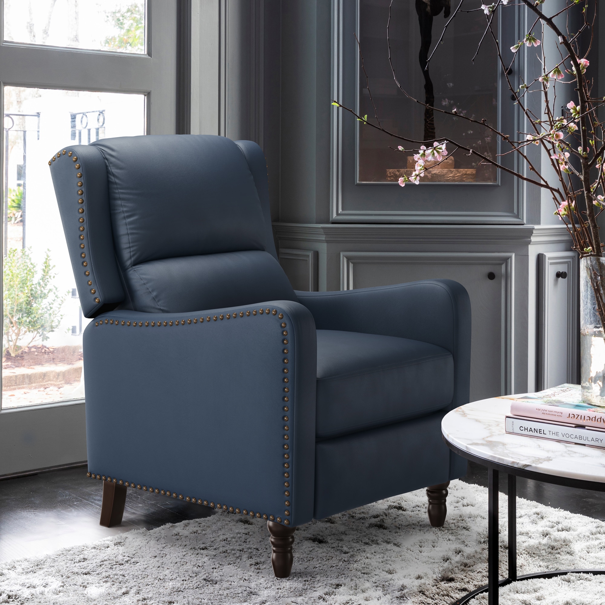 LUE BONA BSN-001-03LS Navy Leather Upholstered Tufted Recliner