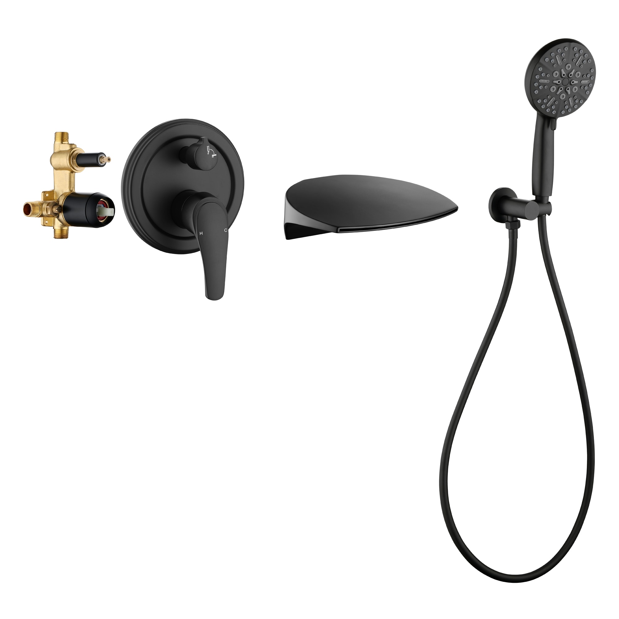 WELLFOR WA8020MB Matte Black 1-handle Wall-mount Waterfall Bathtub Faucet with Hand Shower ( Valve Included )