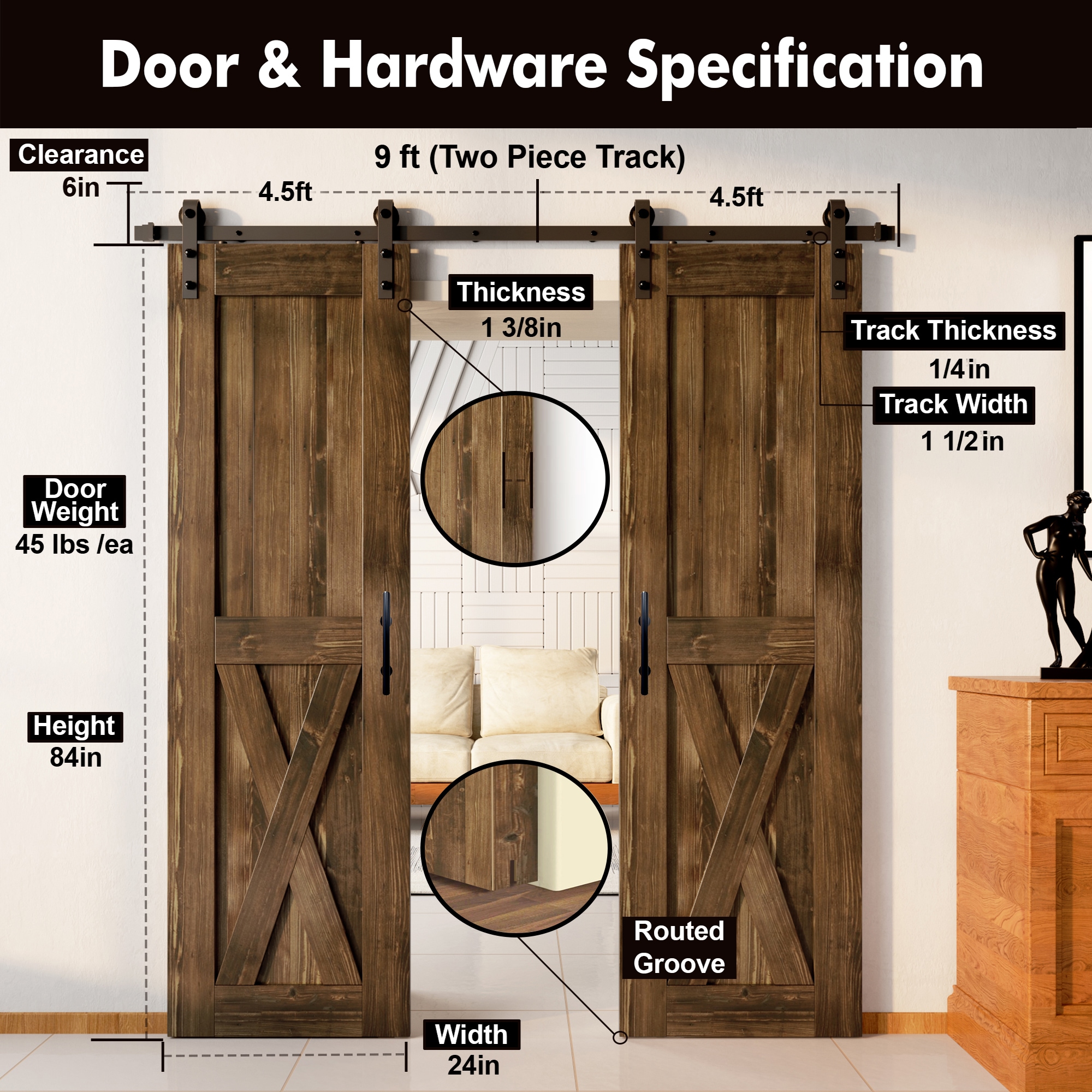 HOMACER YT2TGH108C-2484-X-WA Barn-Doors - View #7