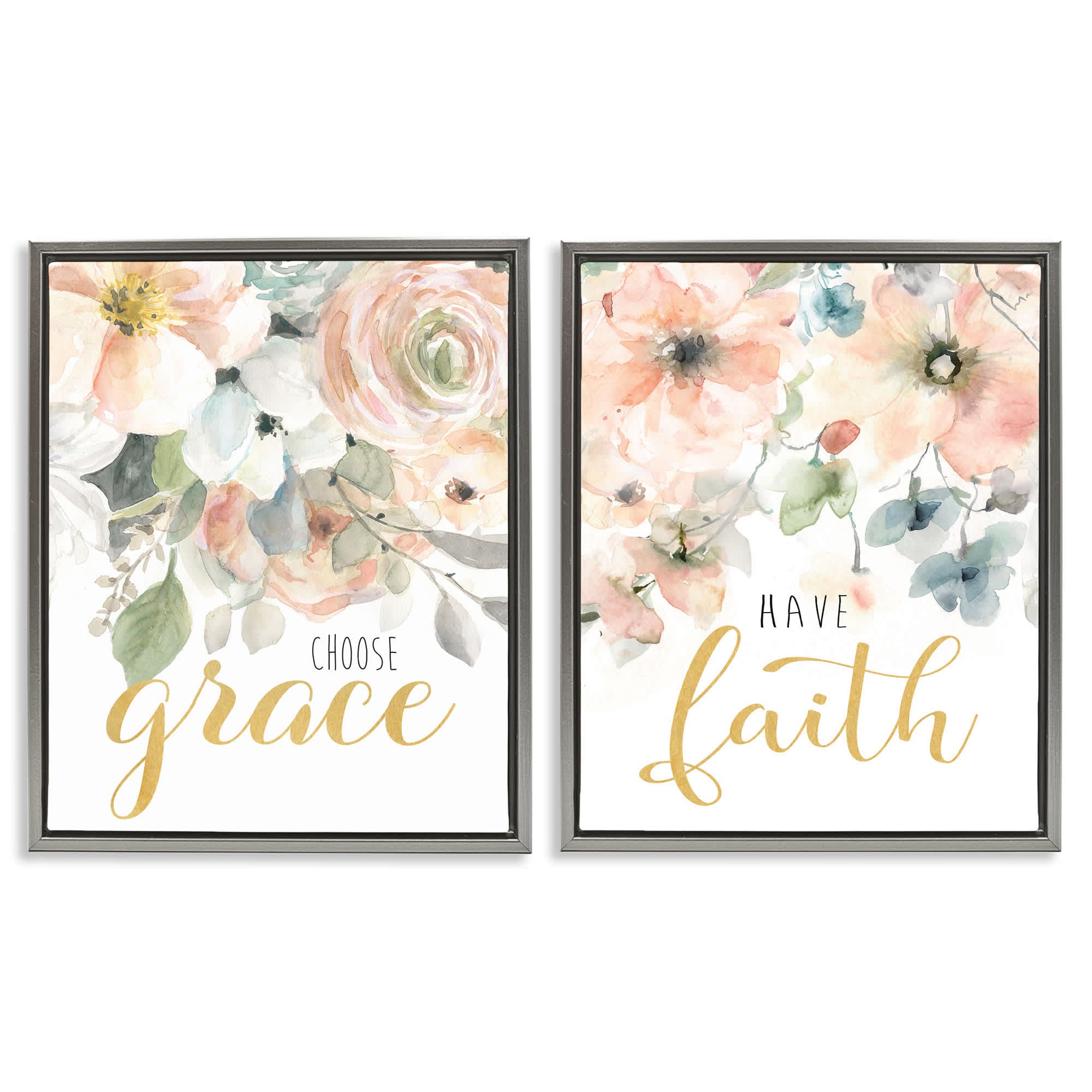 Stupell Industries B2-739-FFL-2PC-24X30 Spiritual Phrases on Florals 2 Piece Gray Framed Floater Canvas Set By Carol Robinson 31 x 25