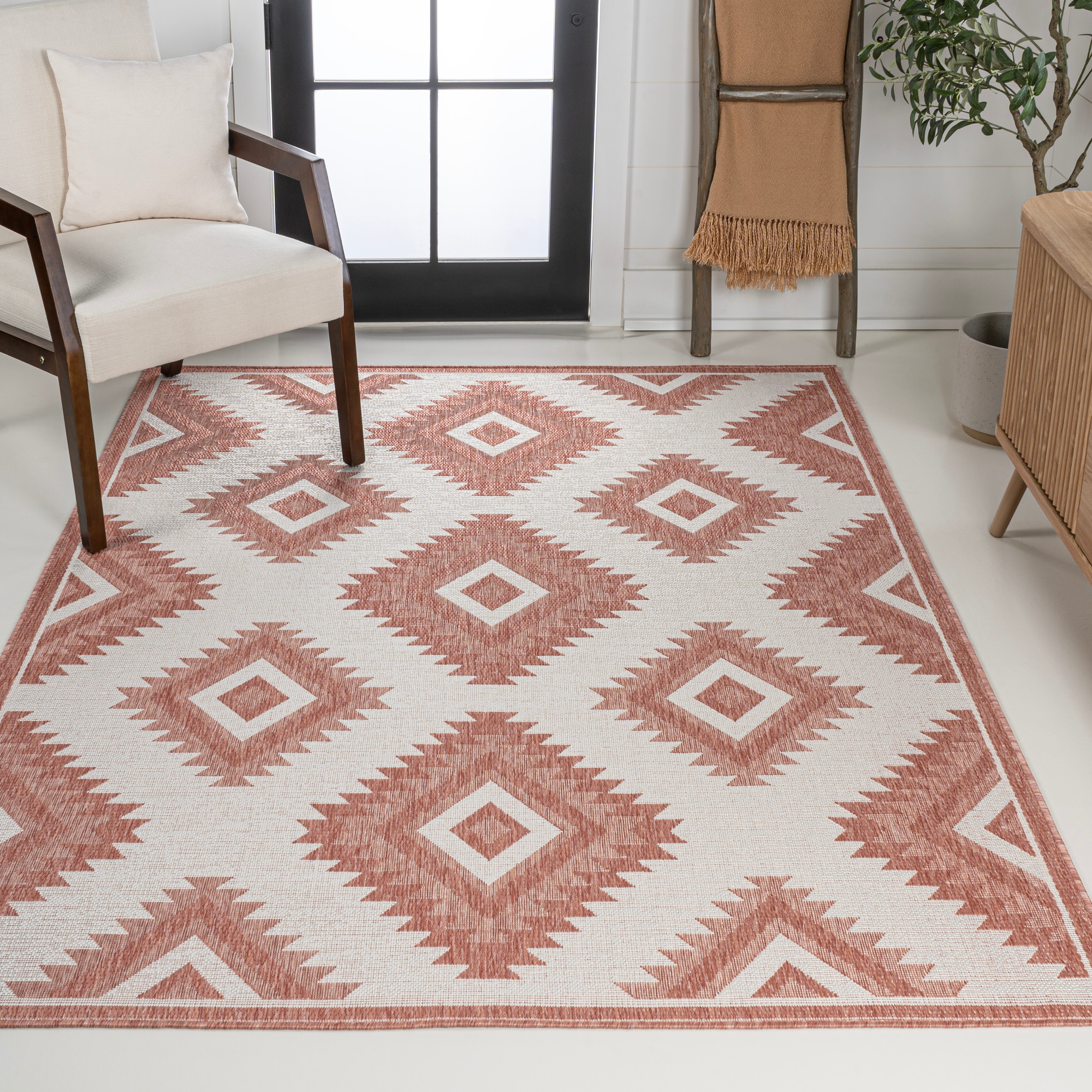 JONATHAN  Y TSN202B-8 TUSCAN SUN Lior Moroccan Diamond 8 x 10 (ft) Loomed Polypropylene Salmon/Cream Rectangular Indoor/Outdoor Border Farmhouse/Cottage Area rug