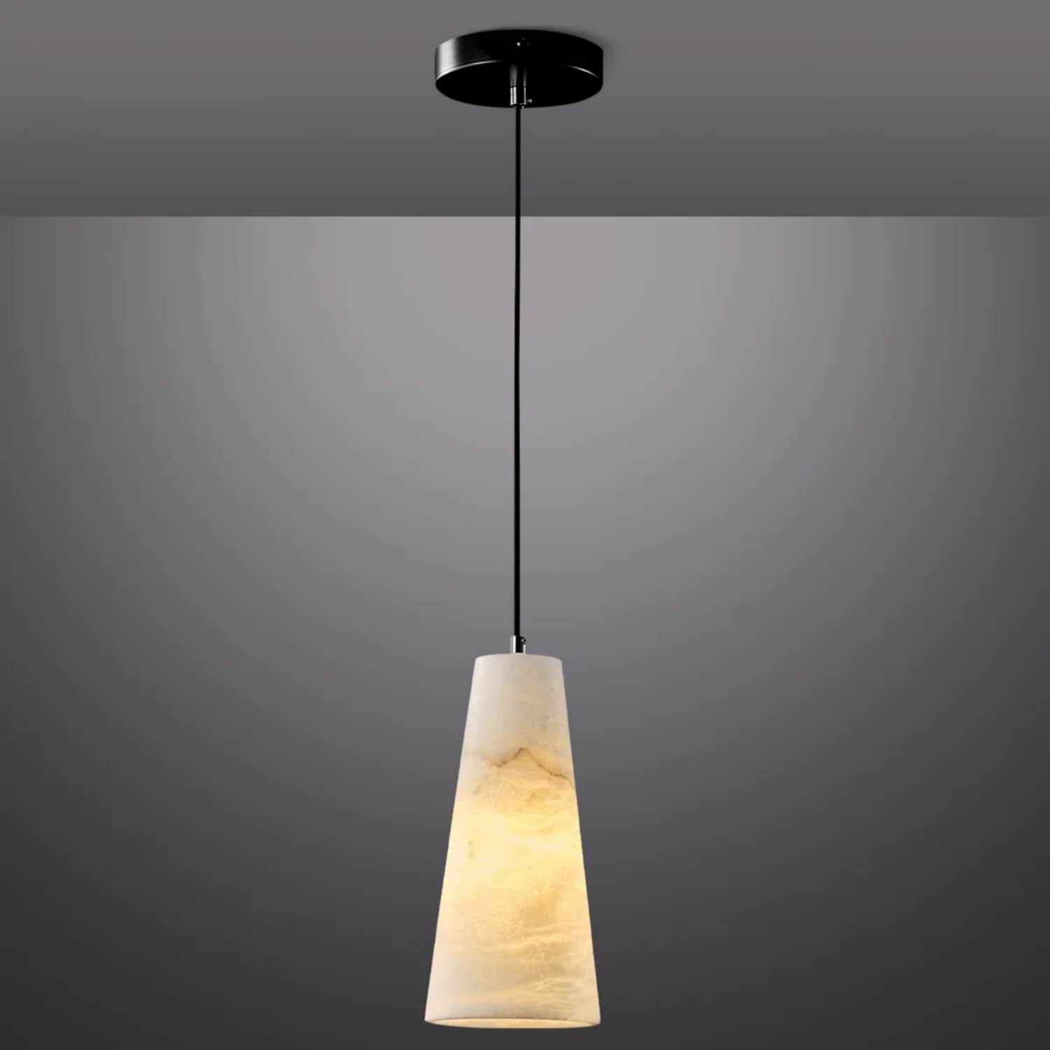 Mektix - 10 in. Natural Alabaster Cone Pendant Light with Matte Black Accent and Dimmable Bulb In...