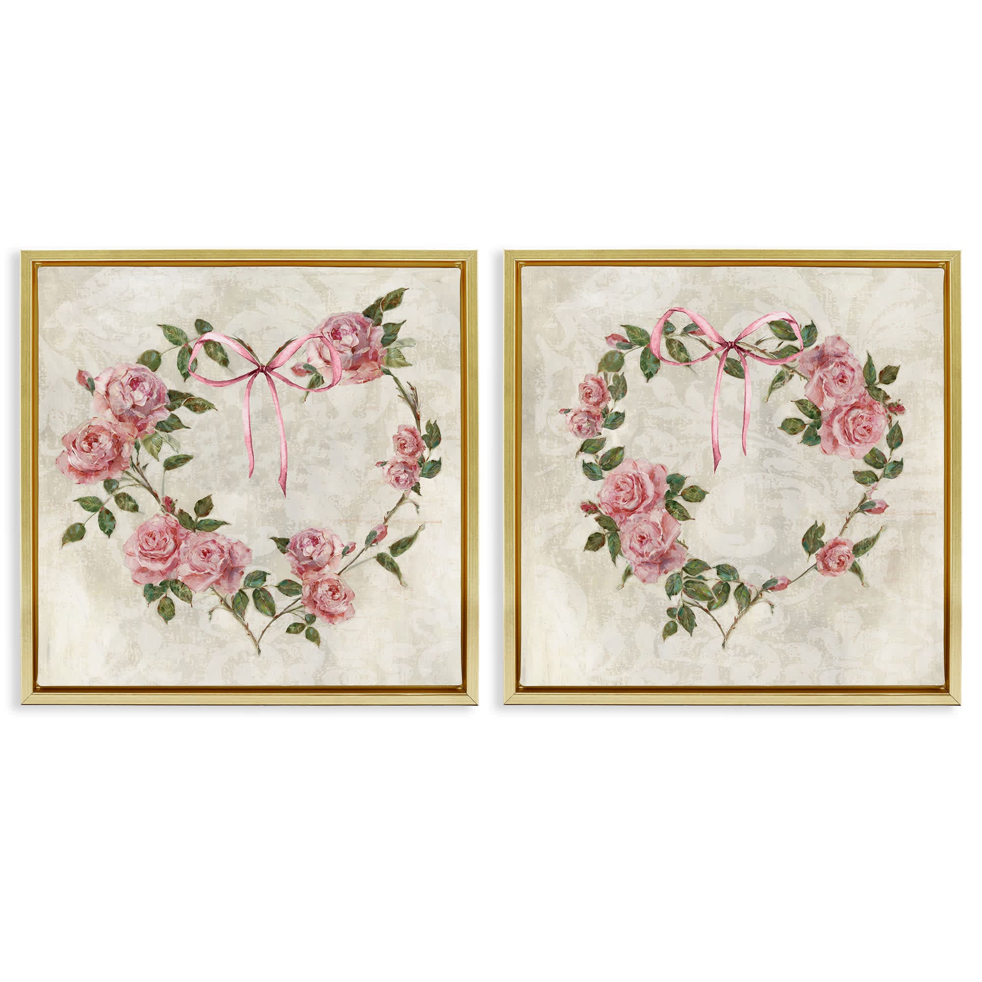 Stupell Industries B2-751-FFG-2PC-17X17 Heart Shaped Wreaths 2 Piece Gold Framed Floater Canvas Set By Sally Swatland 18 x 18