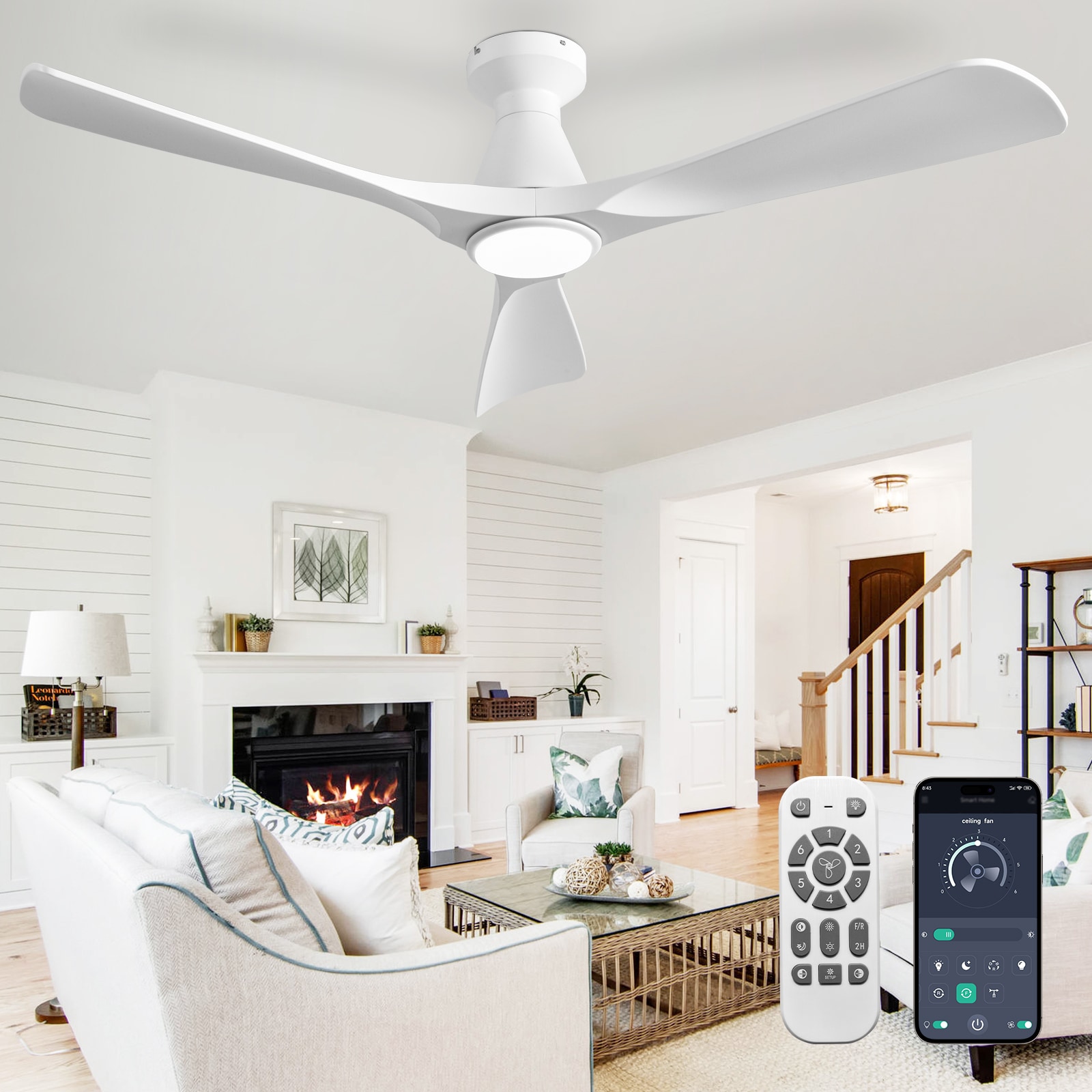 Dovanpaul 52 Inch White 3 Blade Flush Mount Low Profile Ceiling Fan with Lights and Remote APP Control Ultra Quiet DC Motor Timer